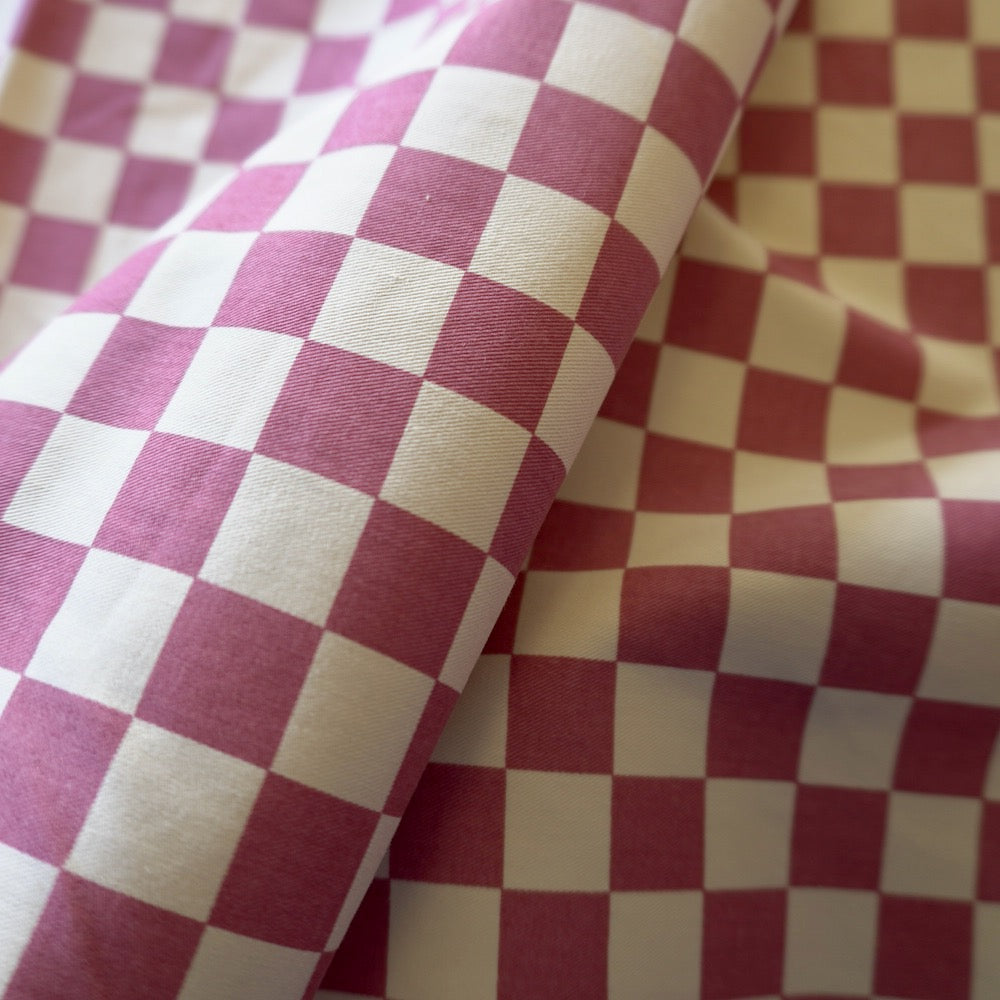 Block Print Cotton Canvas Checker board - Vintage Rose Red