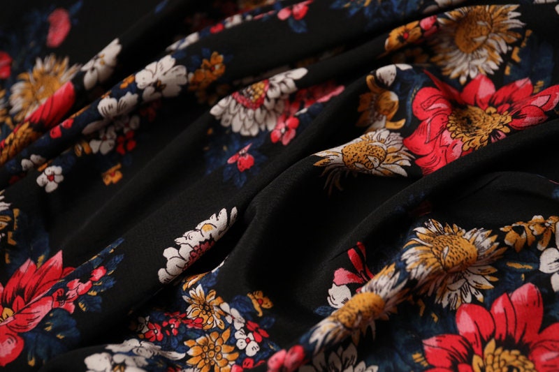 Sun flower on black Tencel crepe