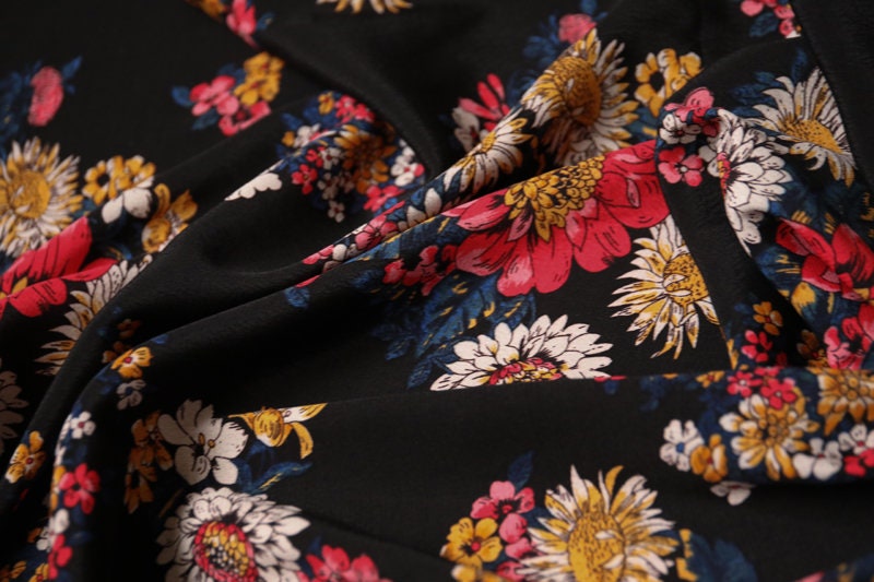 Sun flower on black Tencel crepe