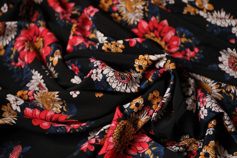 Sun flower on black Tencel crepe