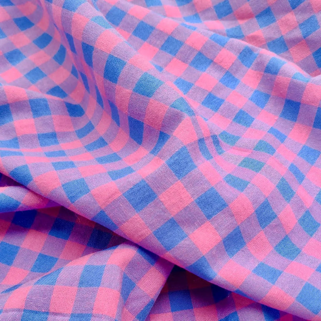 Yarn Dyed Cotton Gingham Bubble - Neon Pink and Blue