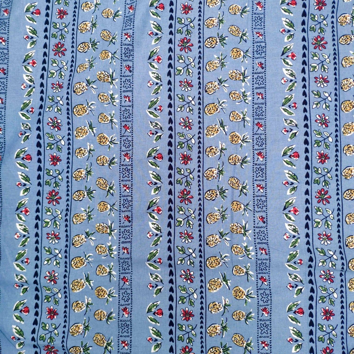 Provençal Pineapple Horizontal Stripe - 2 Way Stretch - Blue