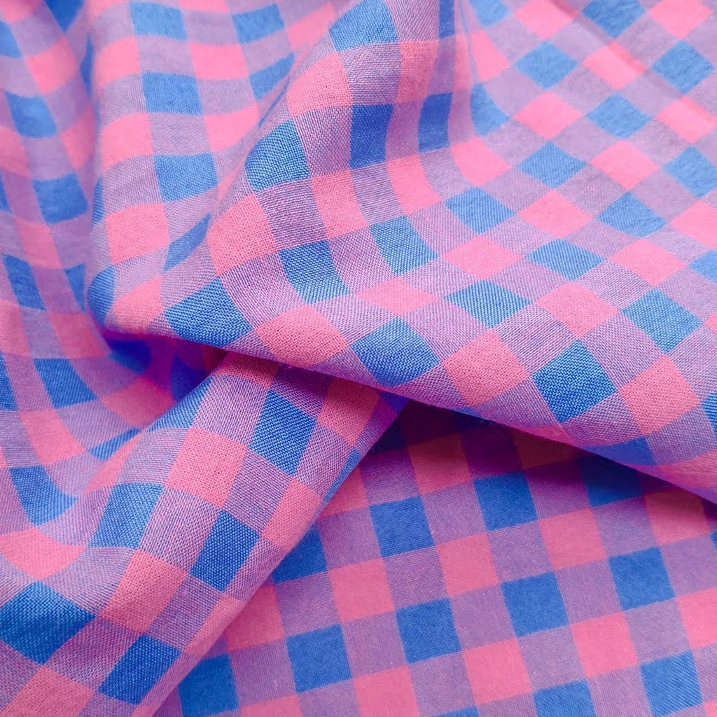 Yarn Dyed Cotton Gingham Bubble - Neon Pink and Blue