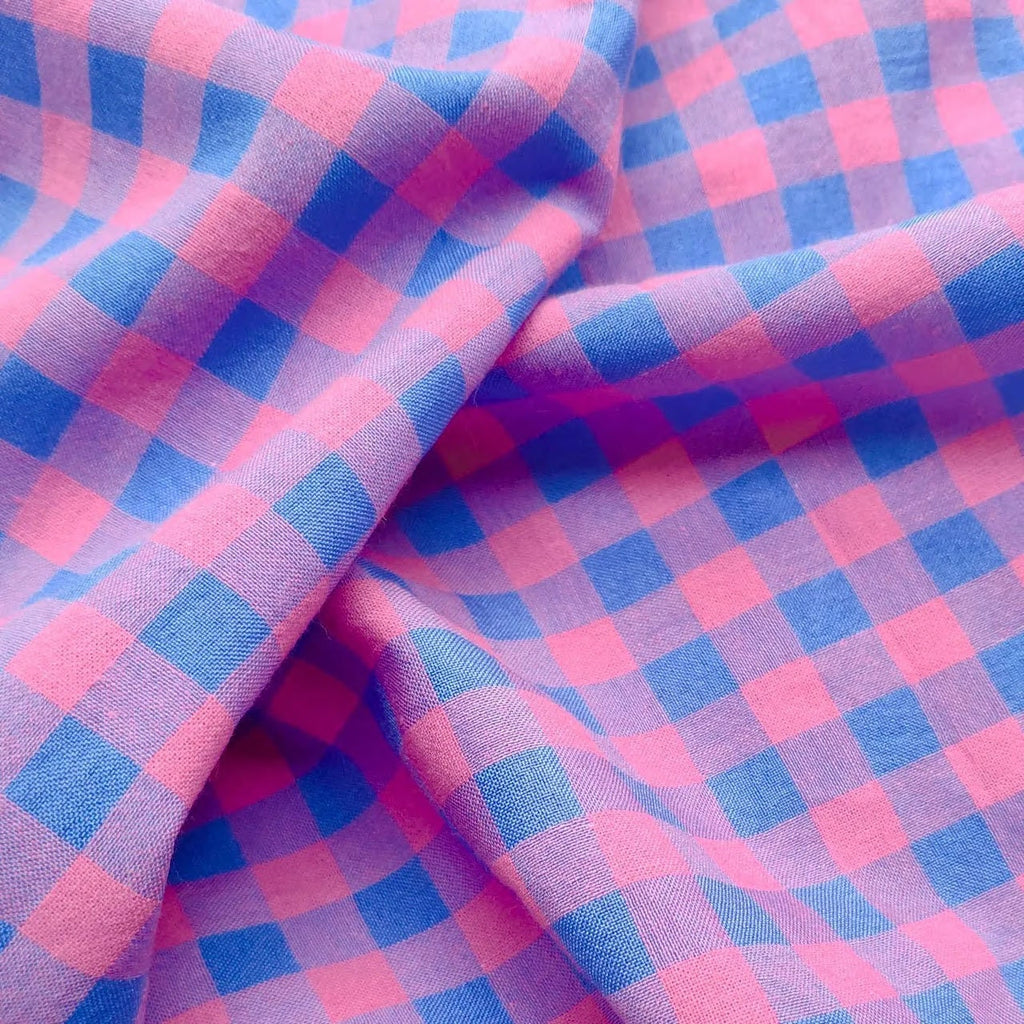 Yarn Dyed Cotton Gingham Bubble - Neon Pink and Blue