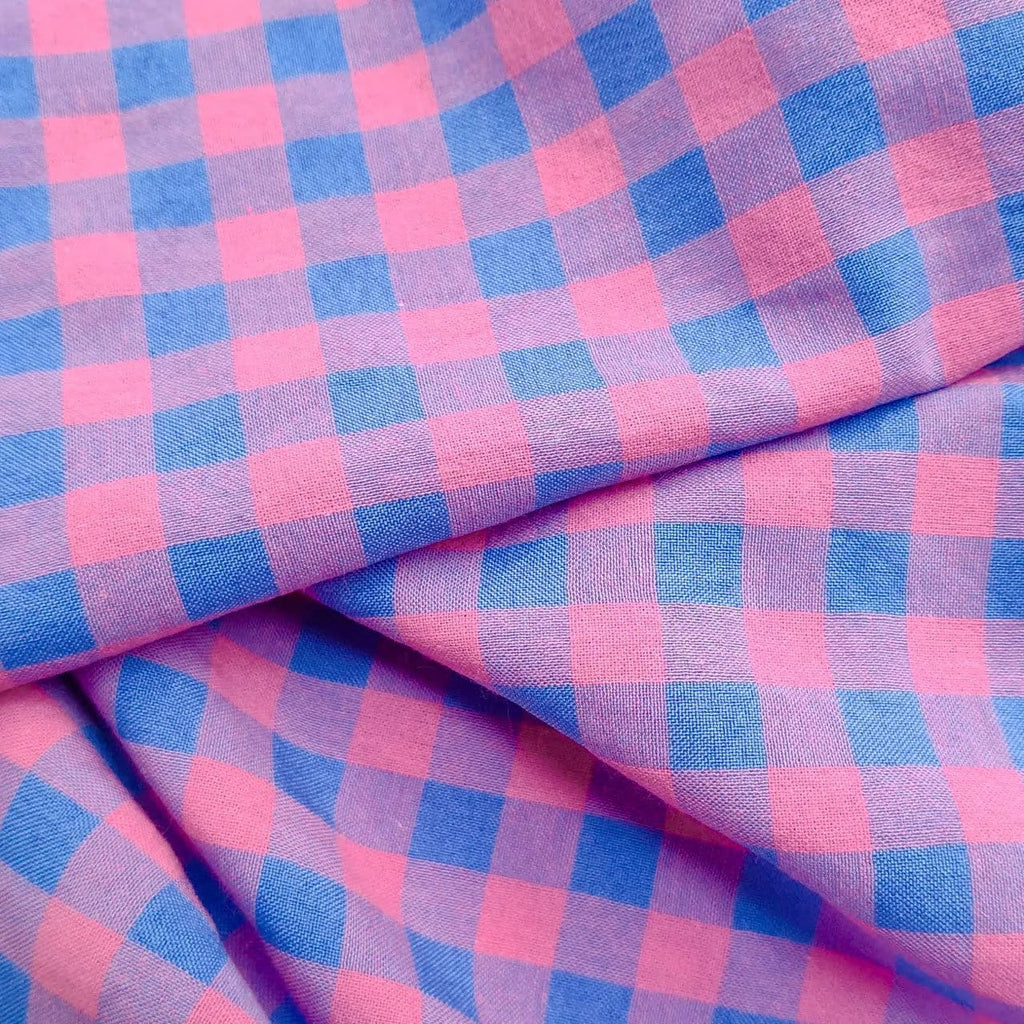 Yarn Dyed Cotton Gingham Bubble - Neon Pink and Blue