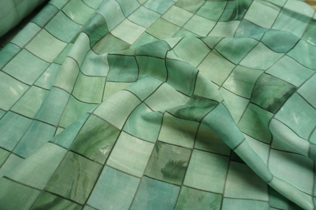 Water green grid linen fabric