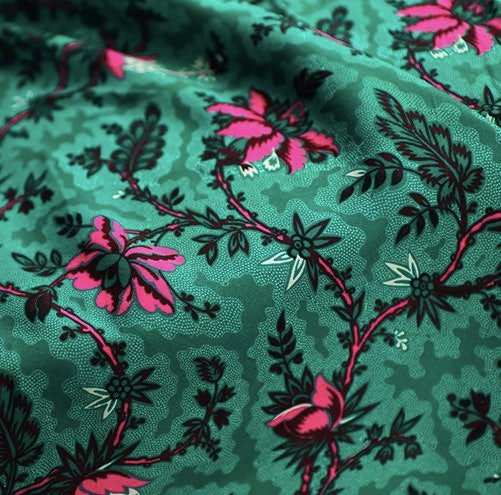 Pink Flower On Emerald Silky Crepe