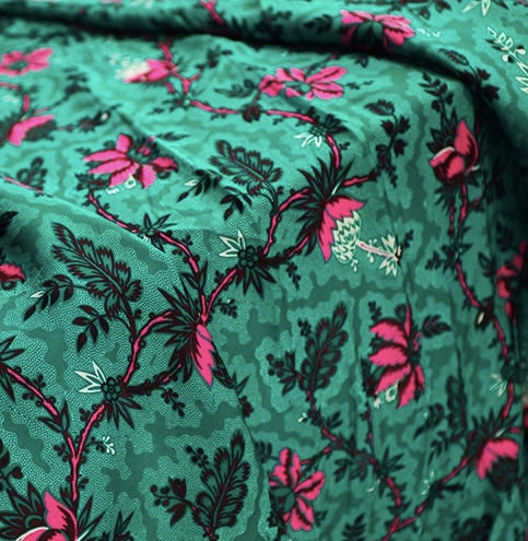 Pink Flower On Emerald Silky Crepe
