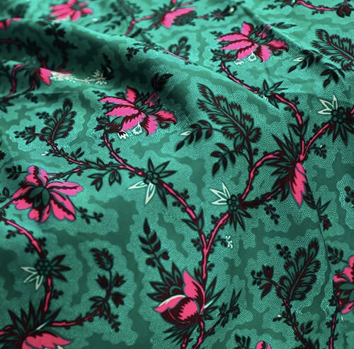 Pink Flower On Emerald Silky Crepe