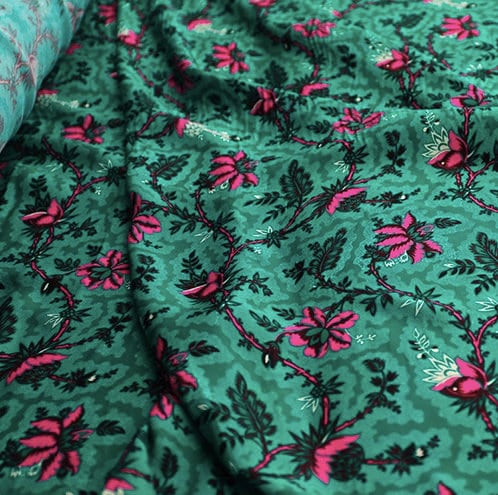 Pink Flower On Emerald Silky Crepe