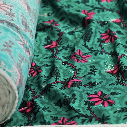 Pink Flower On Emerald Silky Crepe