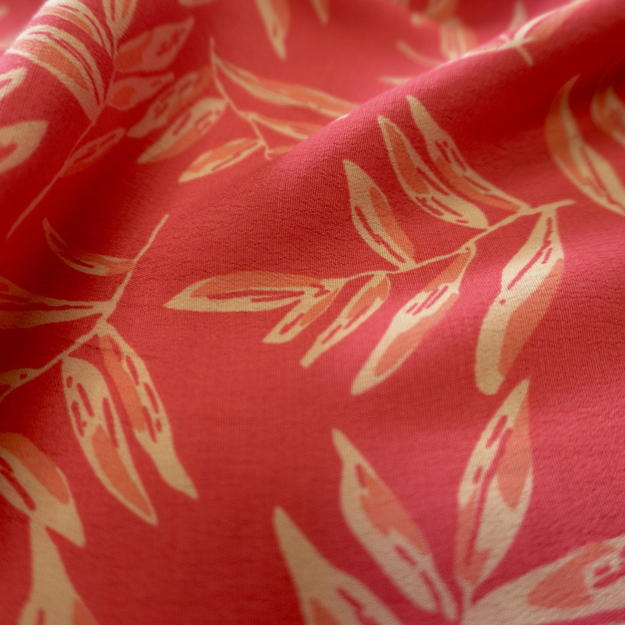 Viscose Dual Crepe Fabric - Leaves On Pink Red