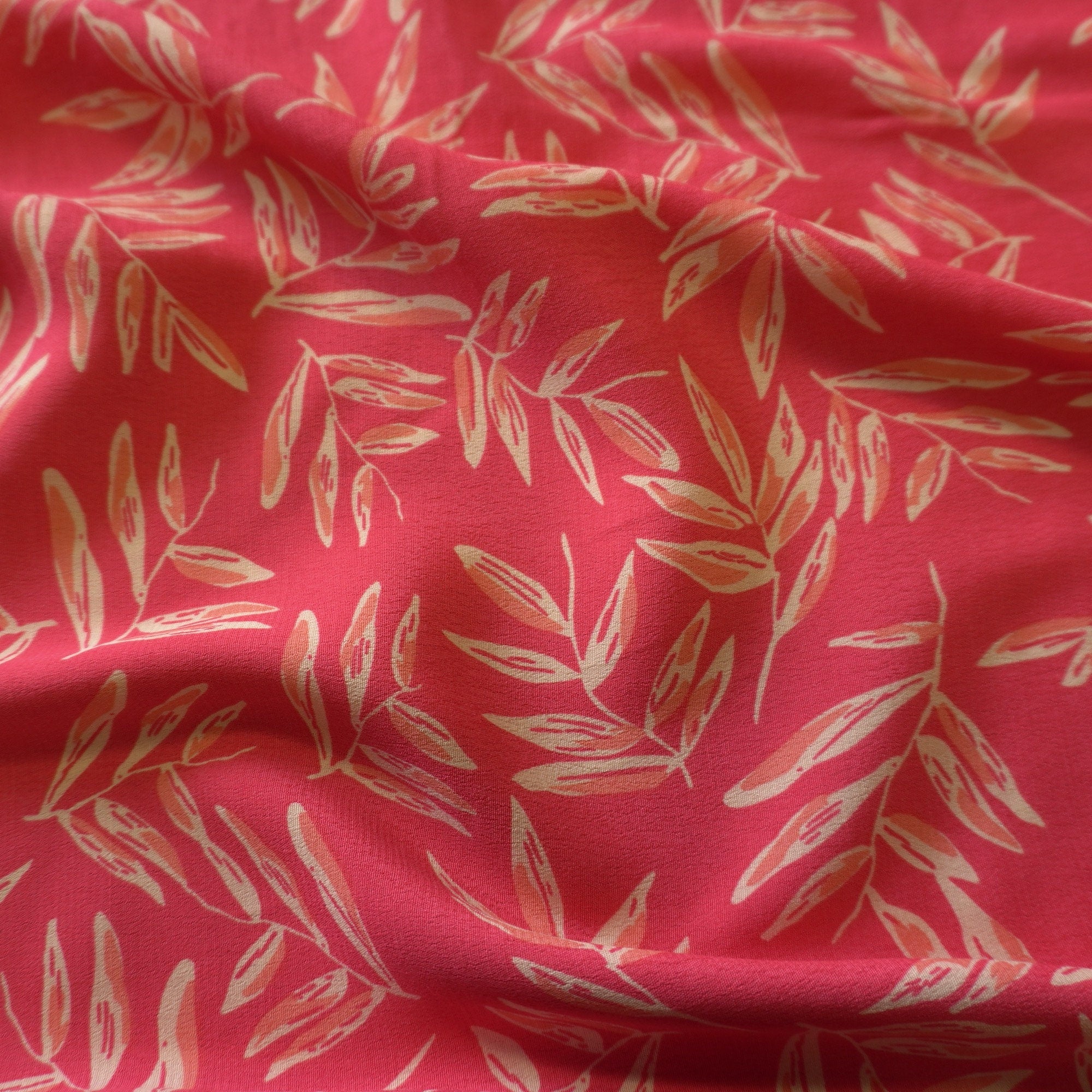 Viscose Dual Crepe Fabric - Leaves On Pink Red