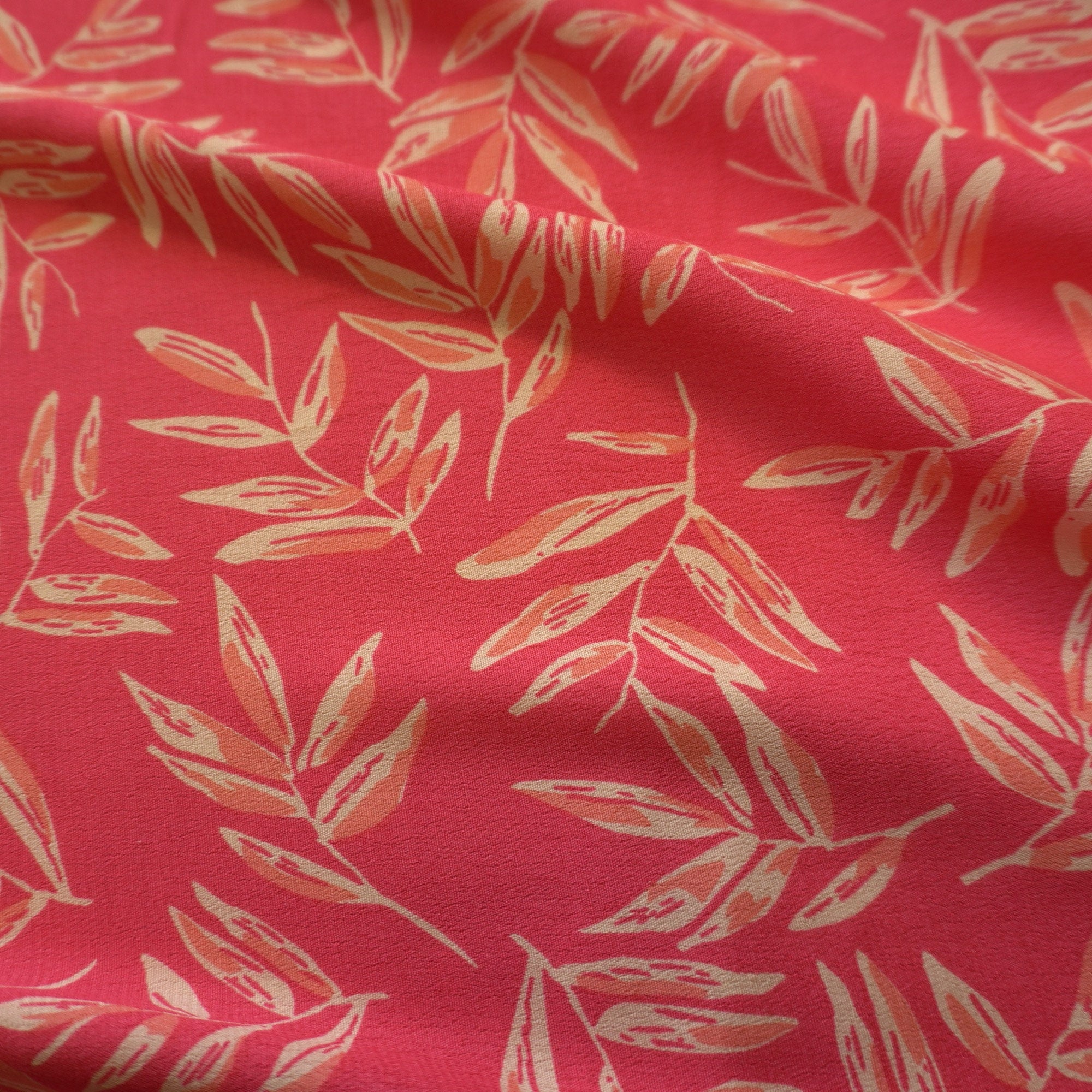 Viscose Dual Crepe Fabric - Leaves On Pink Red