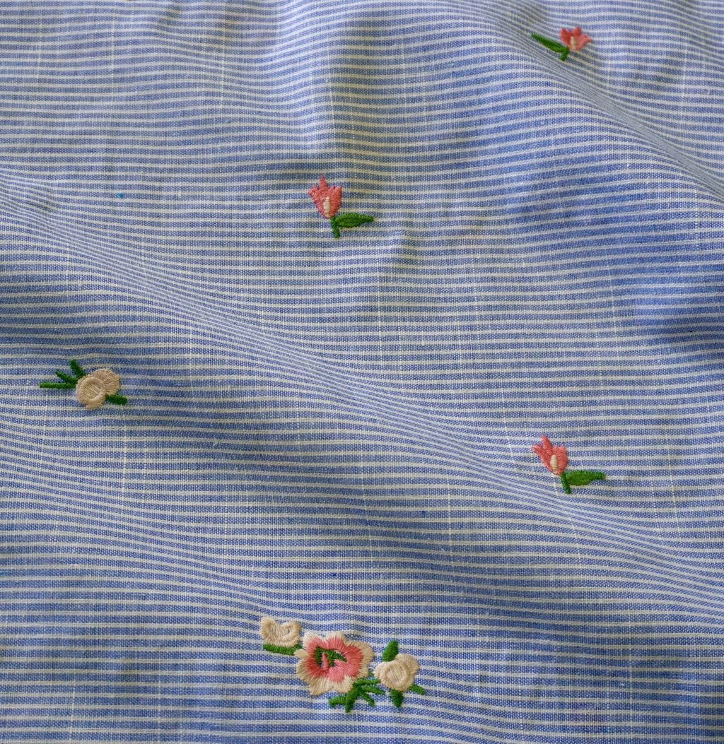 Embroidery Floral on blue pin stripe linen cotton