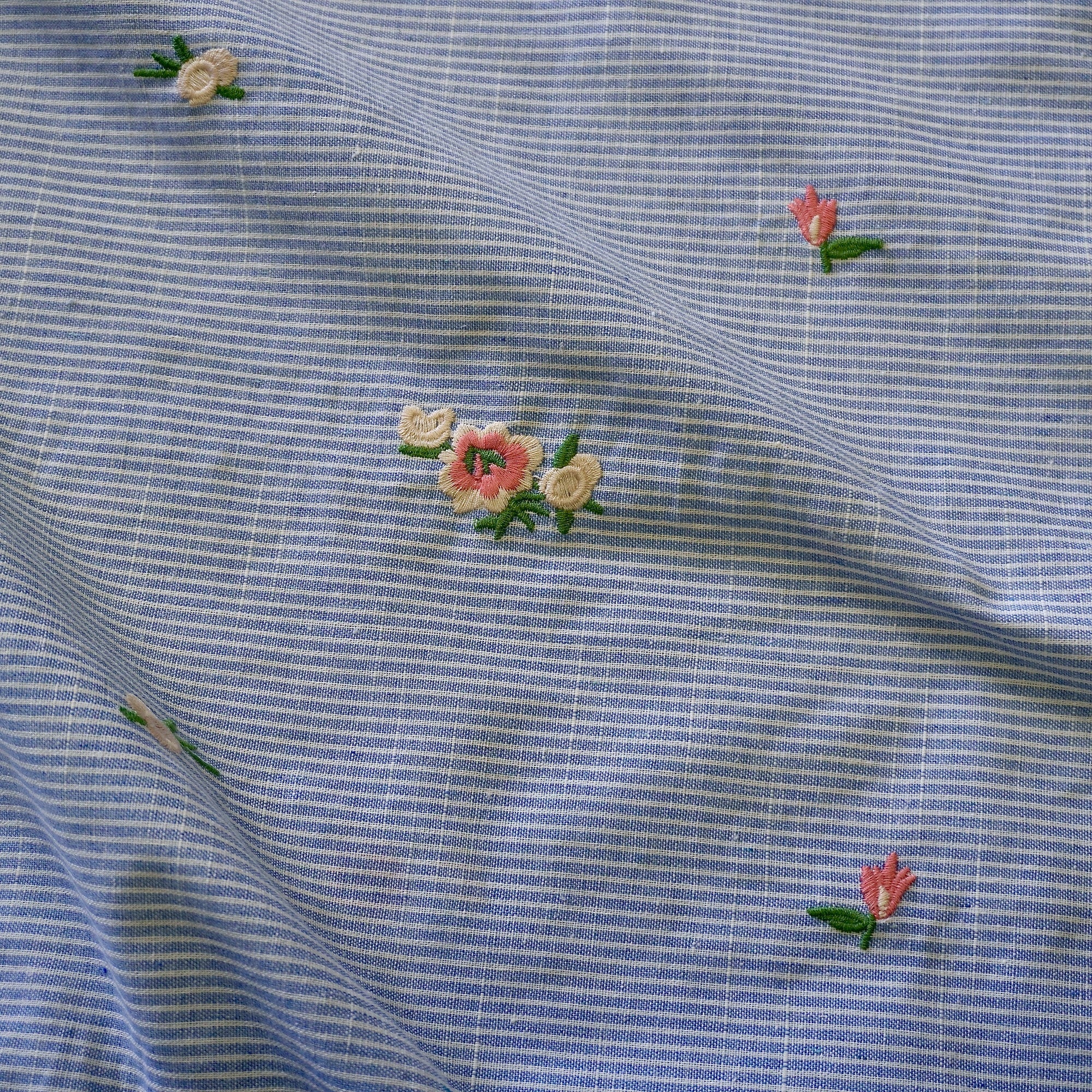Embroidery Floral on blue pin stripe linen cotton