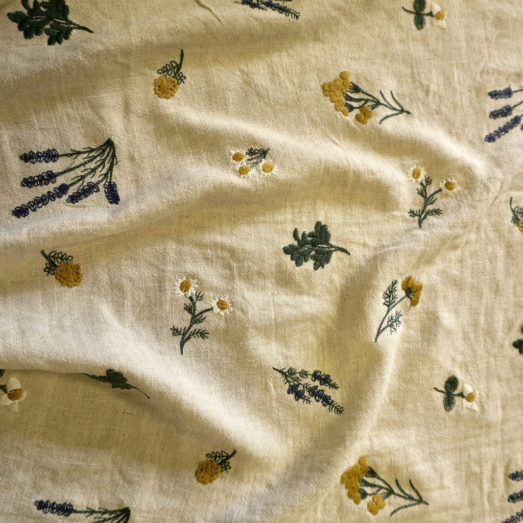 Botanical floral embroidery linen viscose
