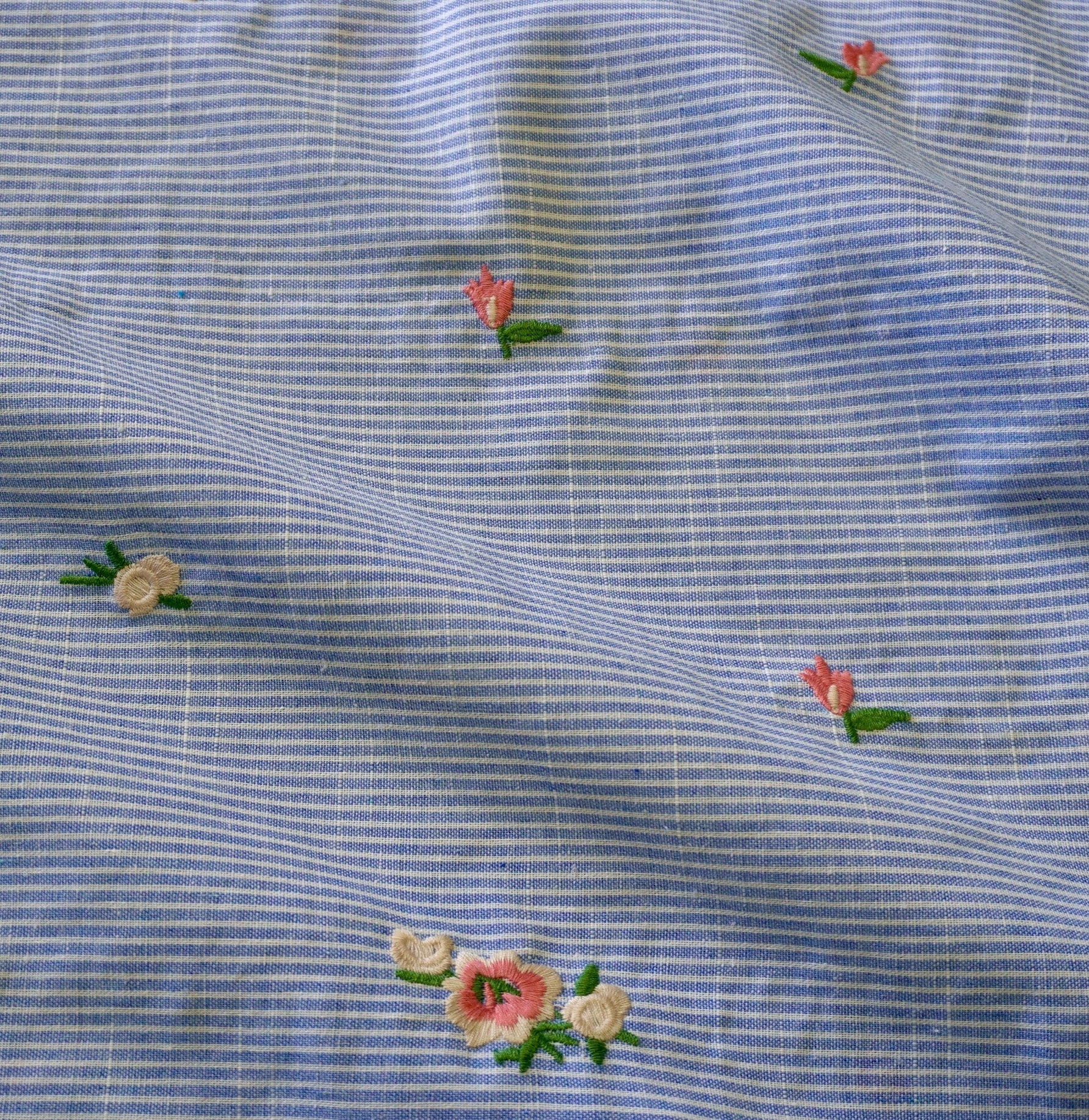 Embroidery Floral on blue pin stripe linen cotton