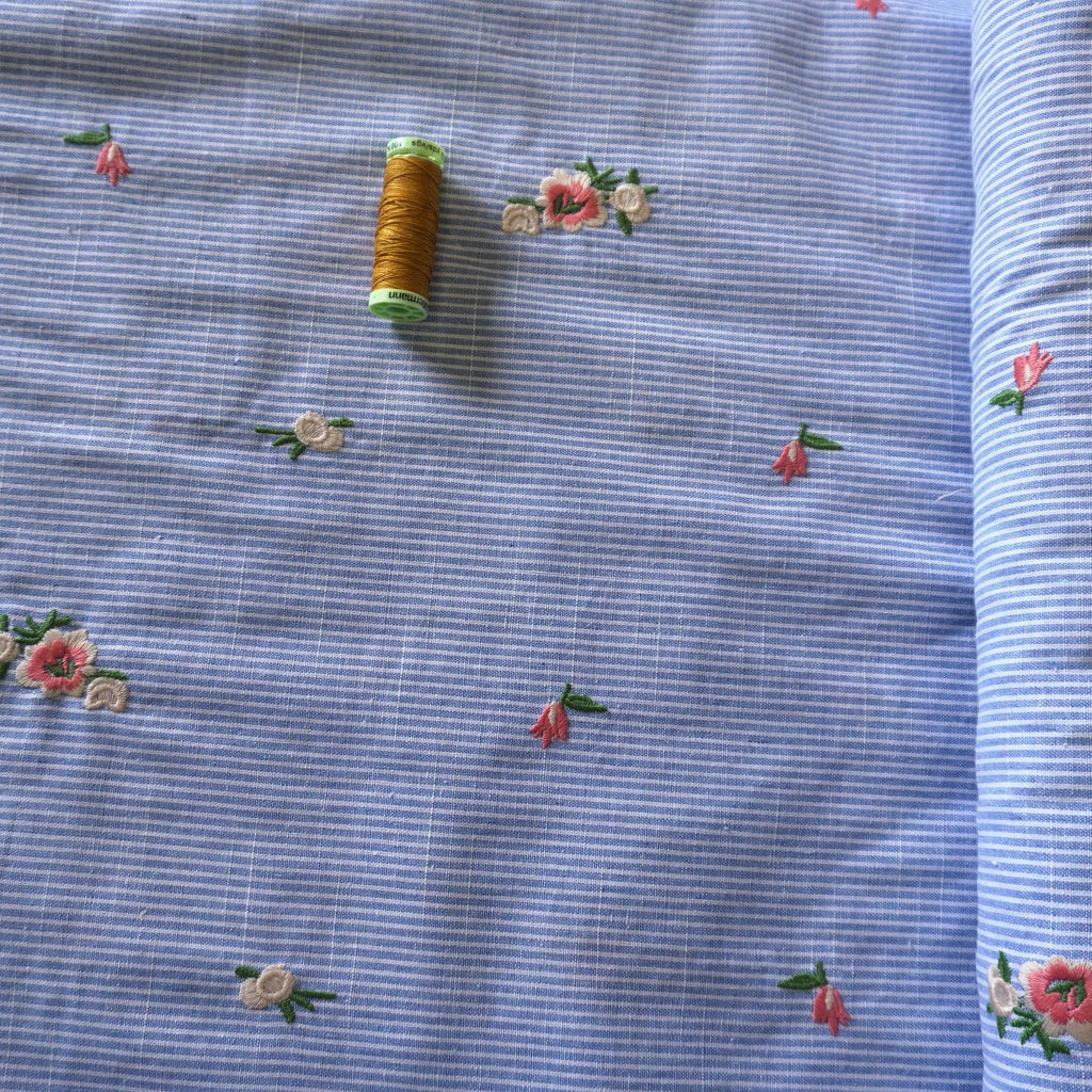 Embroidery Floral on blue pin stripe linen cotton