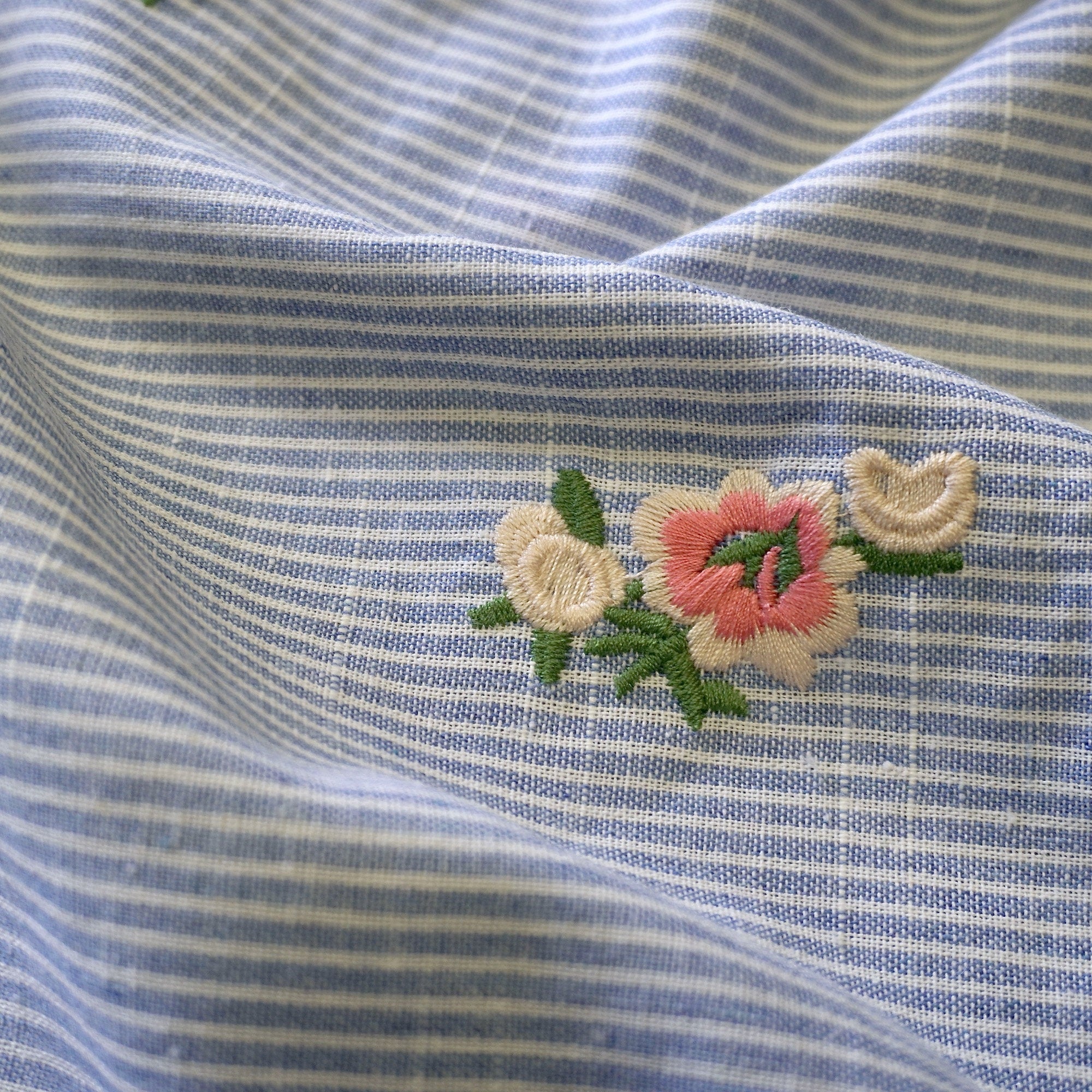 Embroidery Floral on blue pin stripe linen cotton
