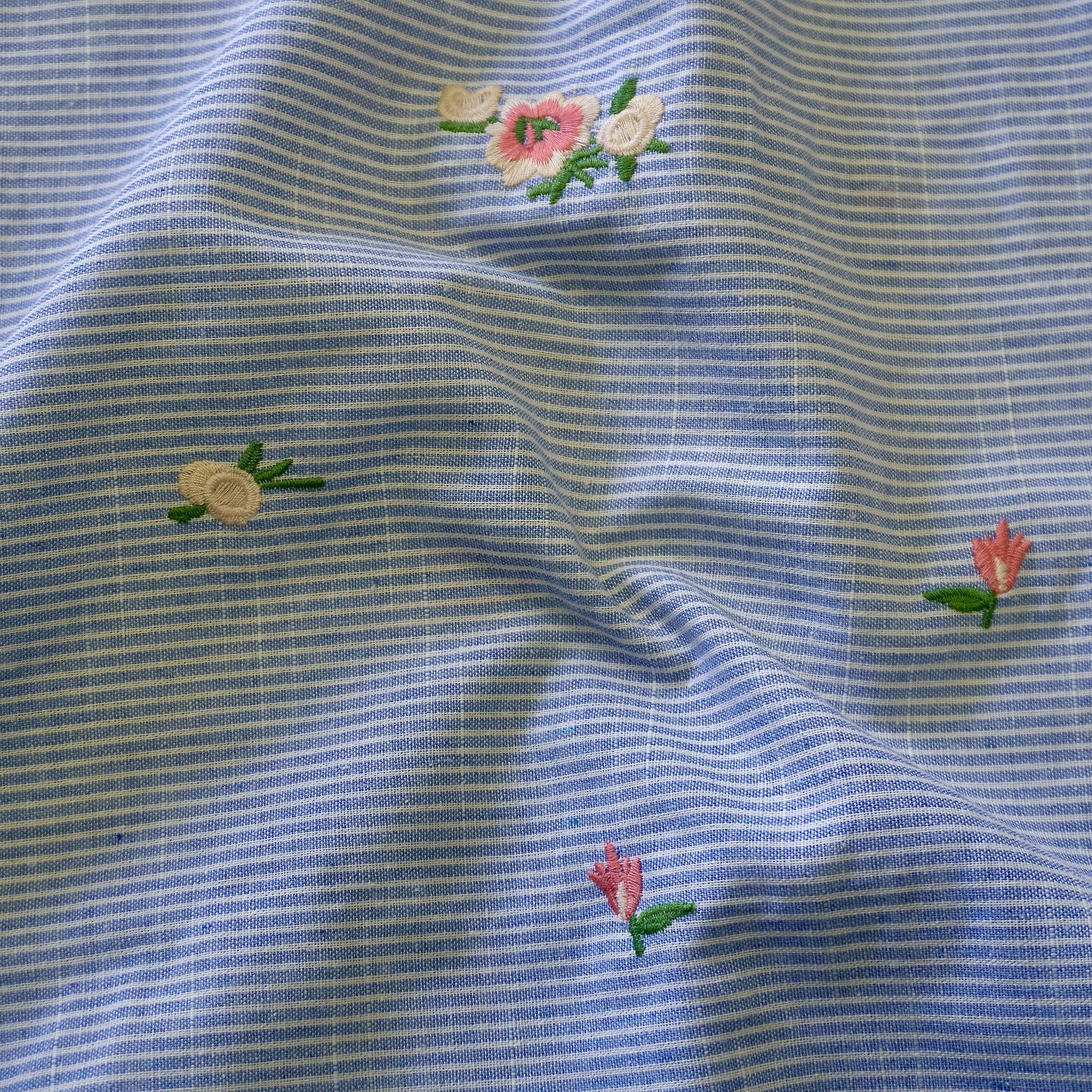 Embroidery Floral on blue pin stripe linen cotton