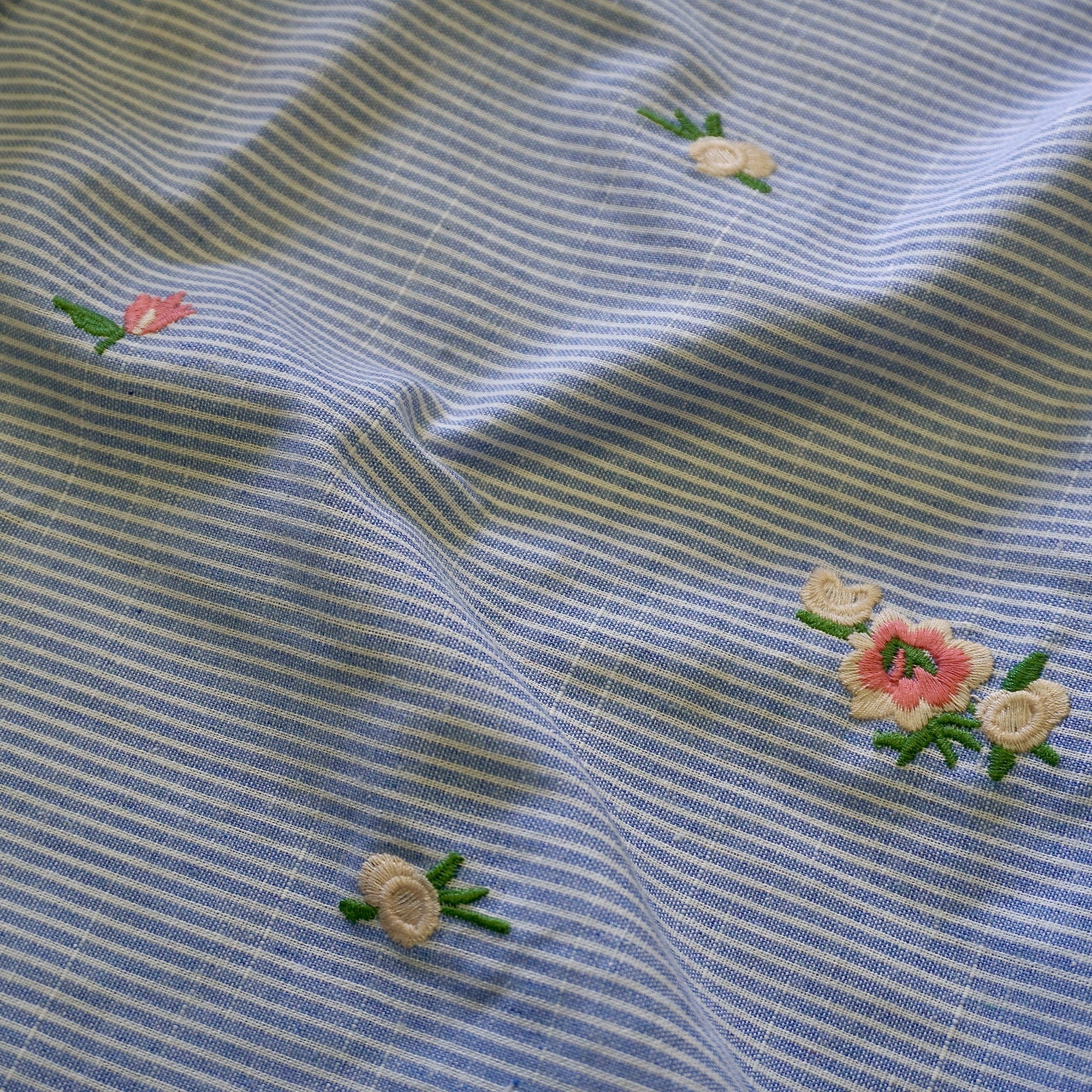 Embroidery Floral on blue pin stripe linen cotton