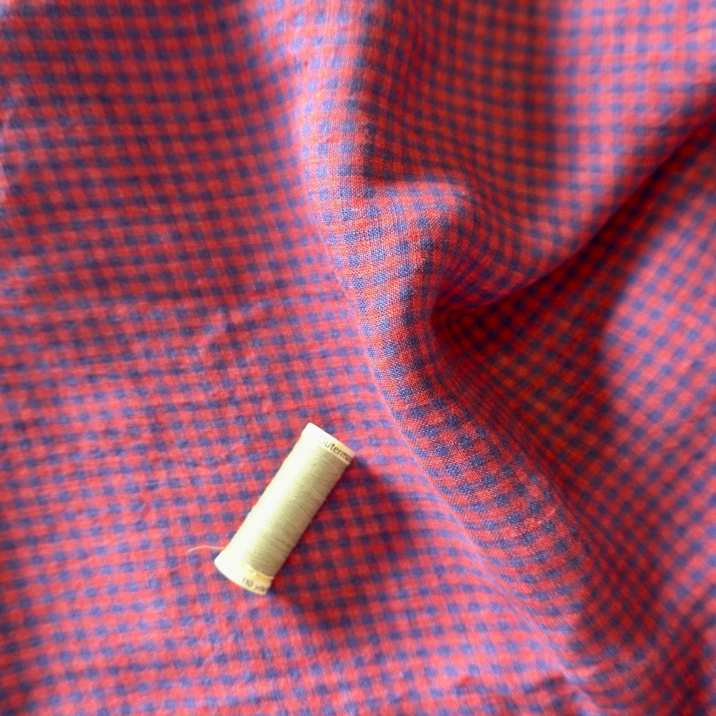 Washed Yarn dyed Linen gingham - Red Navy