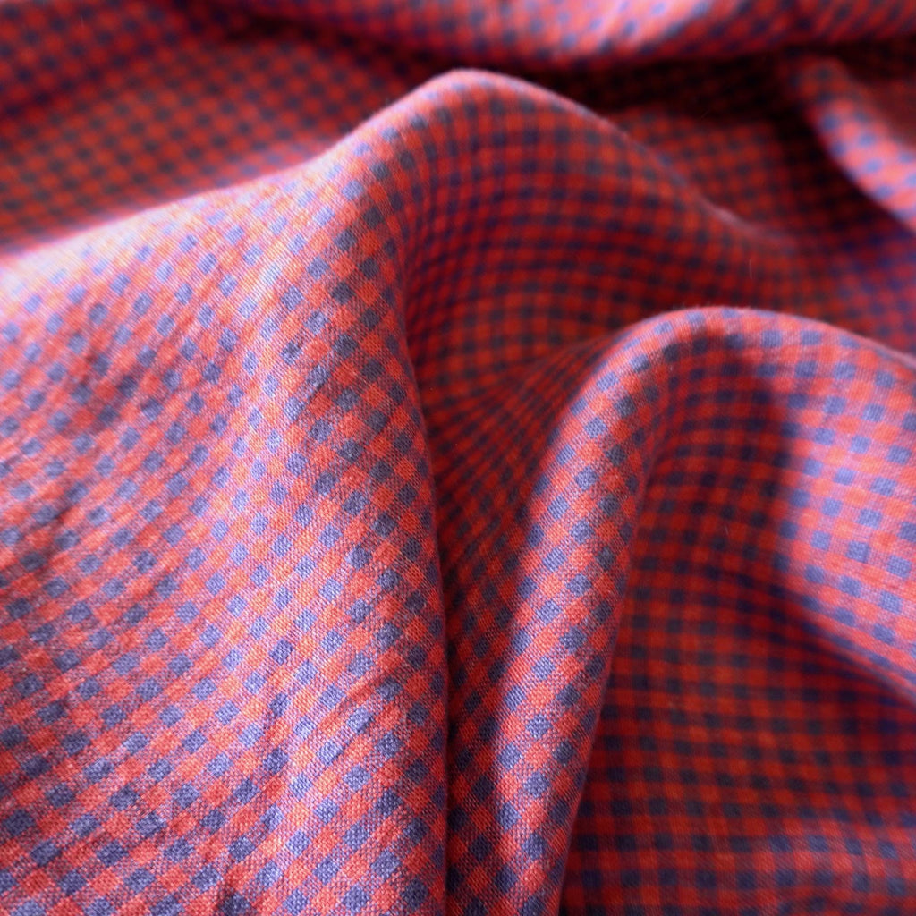 Washed Yarn dyed Linen gingham - Red Navy