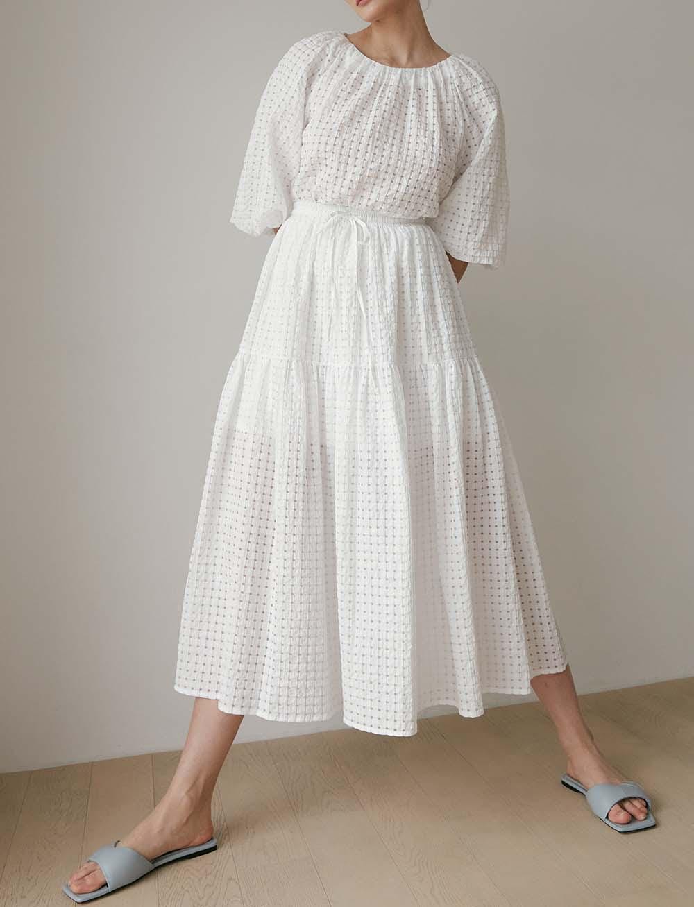 Puckered seersucker Gingham Bubble -Pearl white