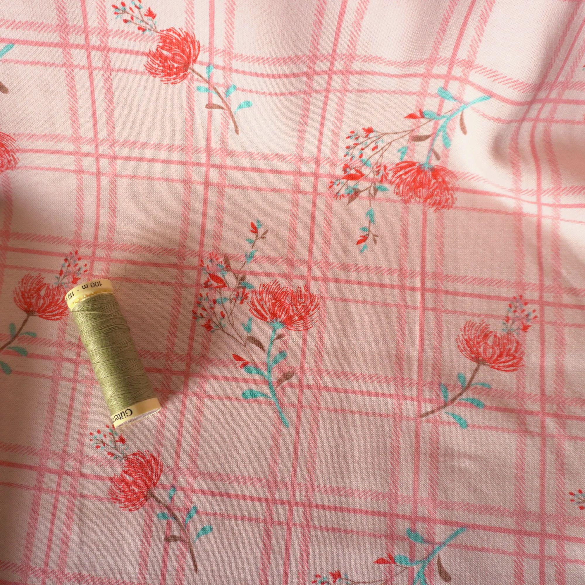 French Terry Fabric - Pink grid with red dandelion