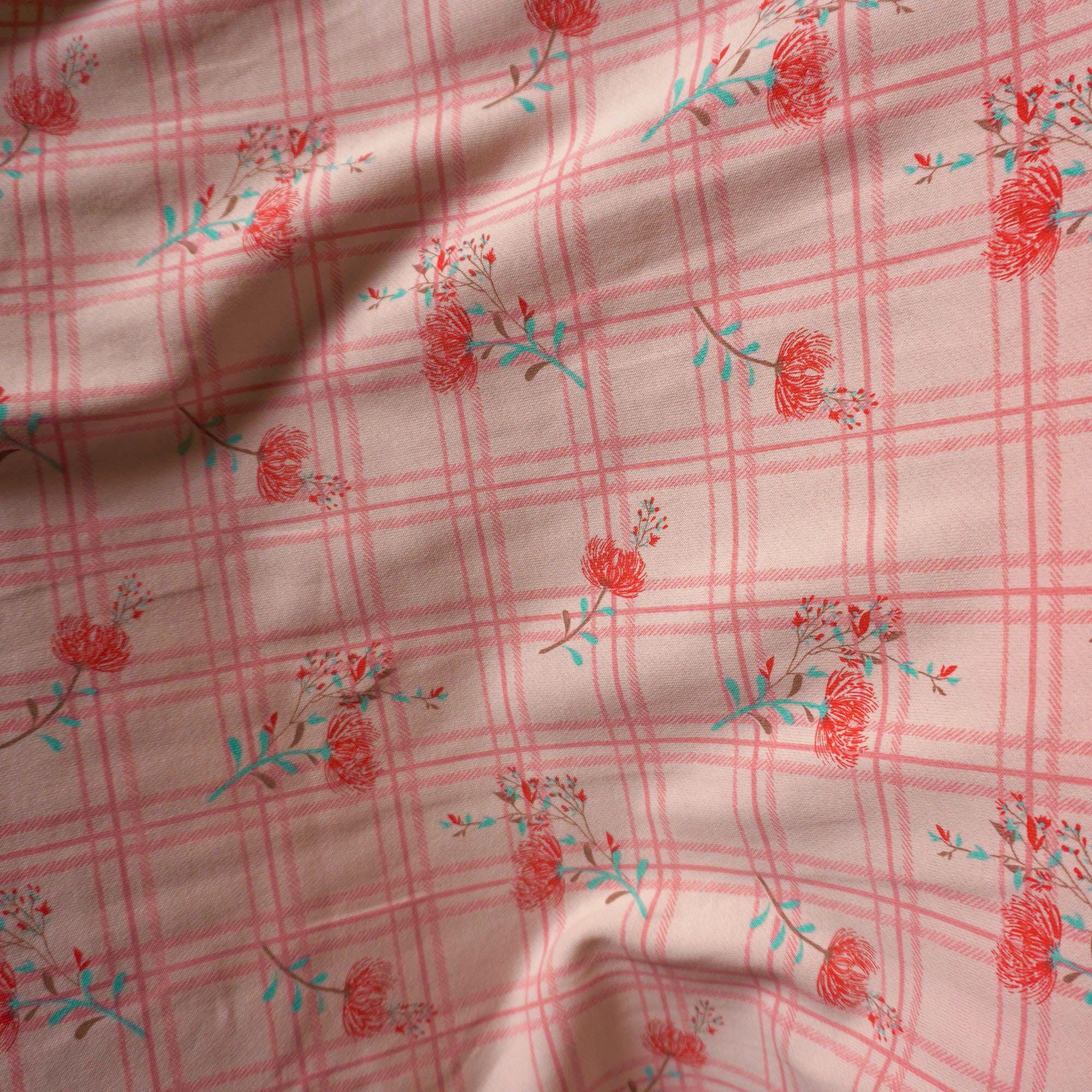French Terry Fabric - Pink grid with red dandelion