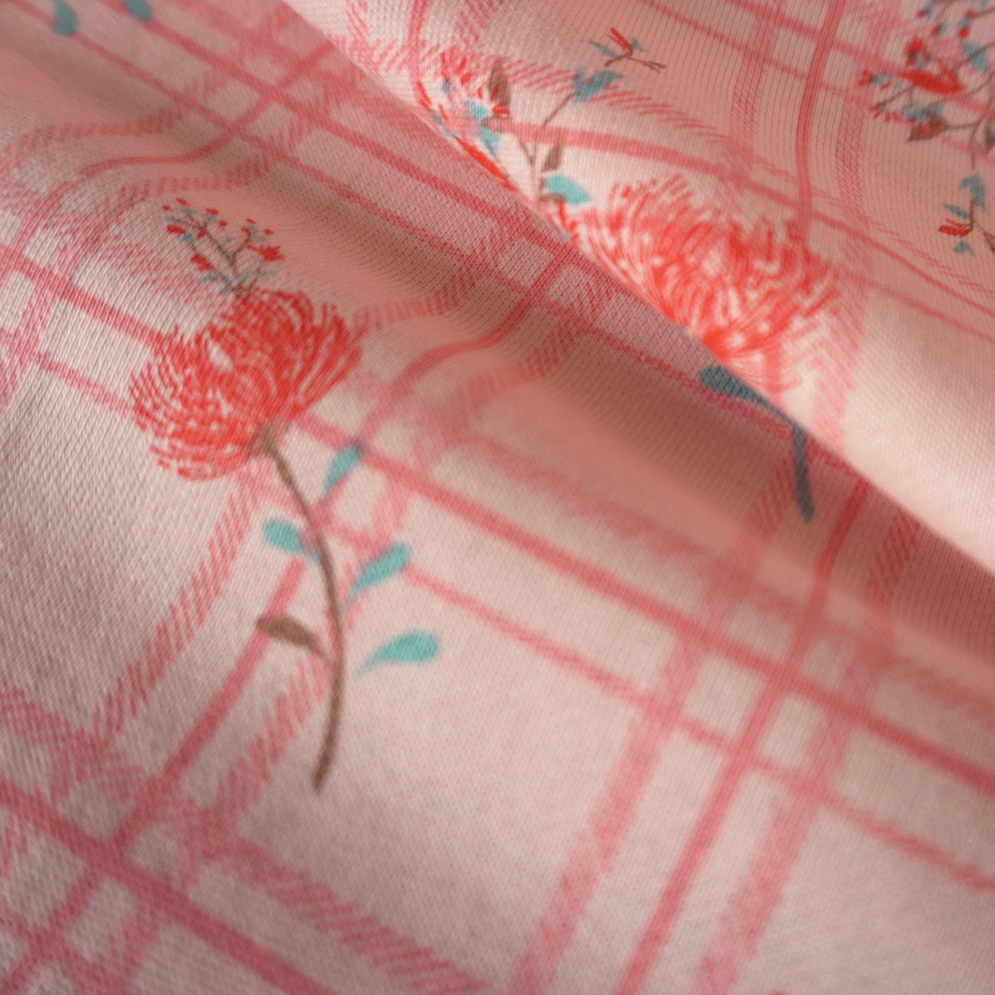 French Terry Fabric - Pink grid with red dandelion