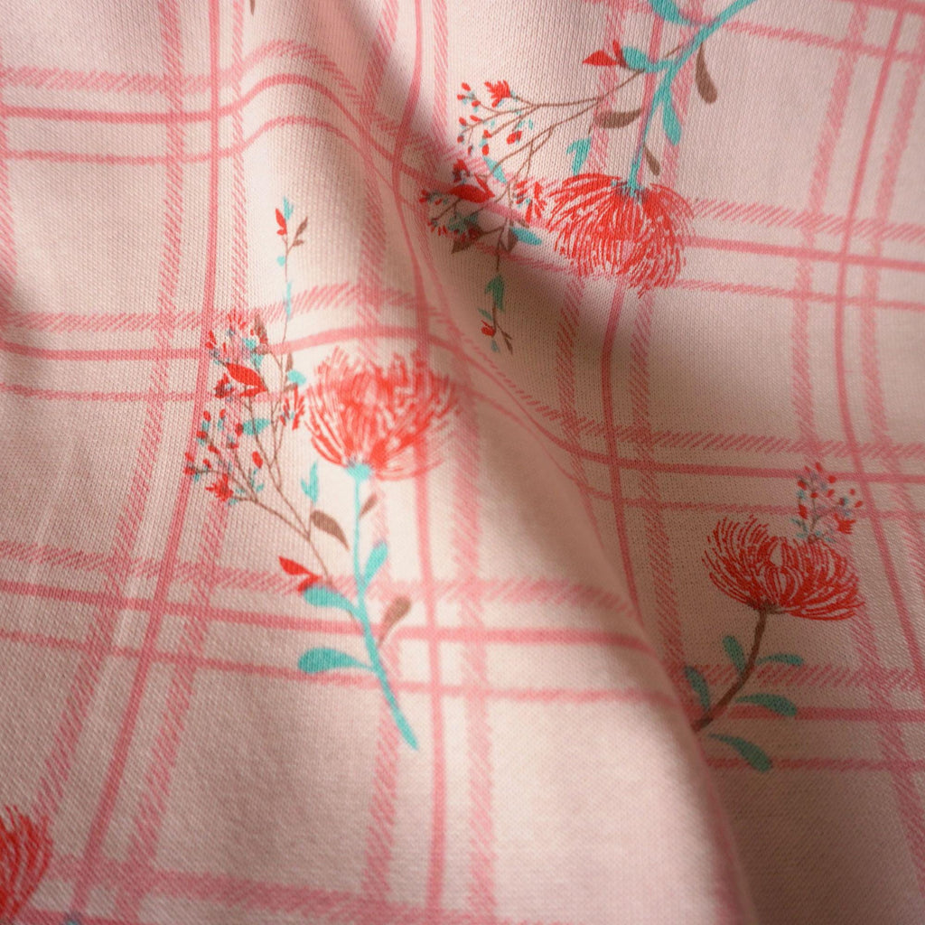 French Terry Fabric - Pink grid with red dandelion