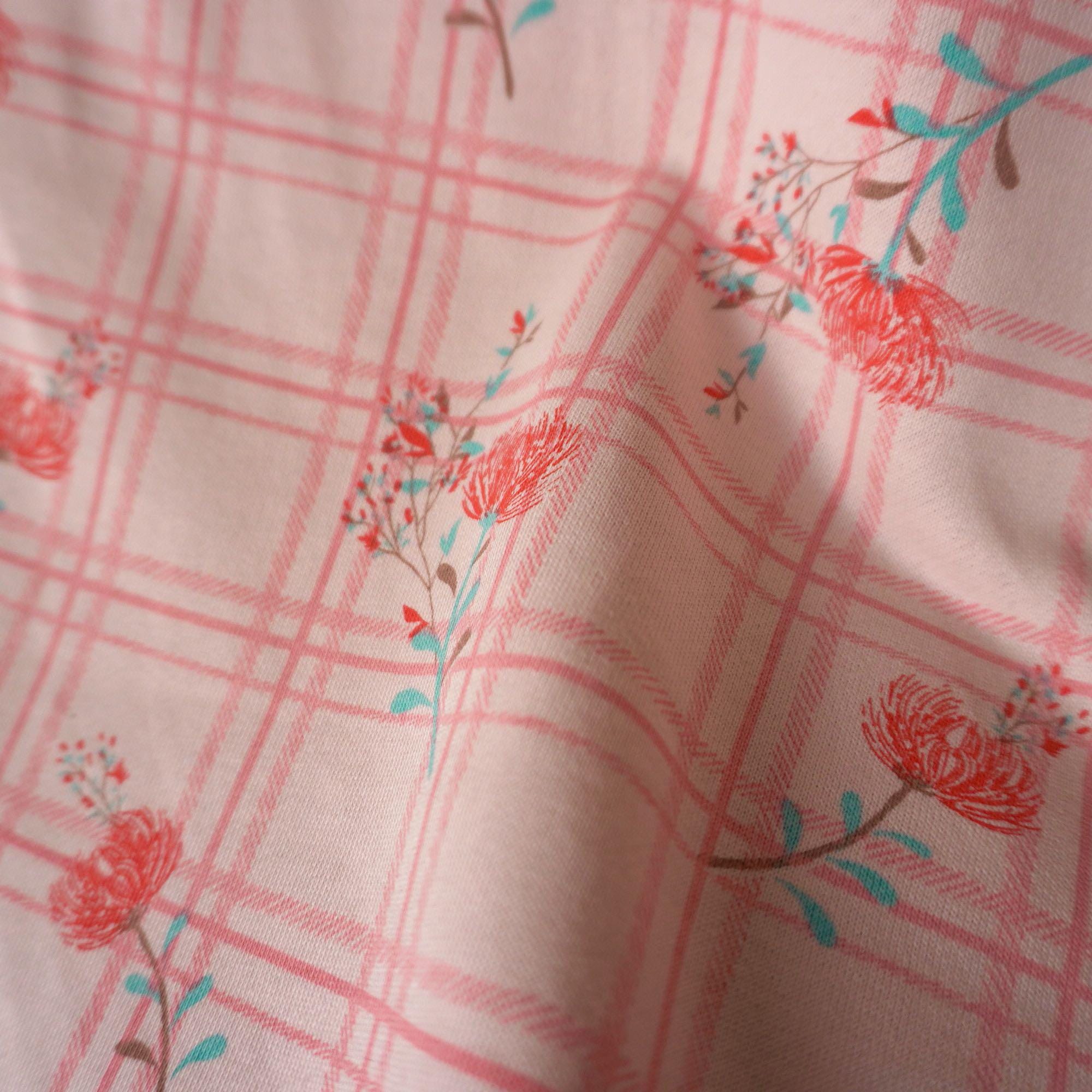 French Terry Fabric - Pink grid with red dandelion