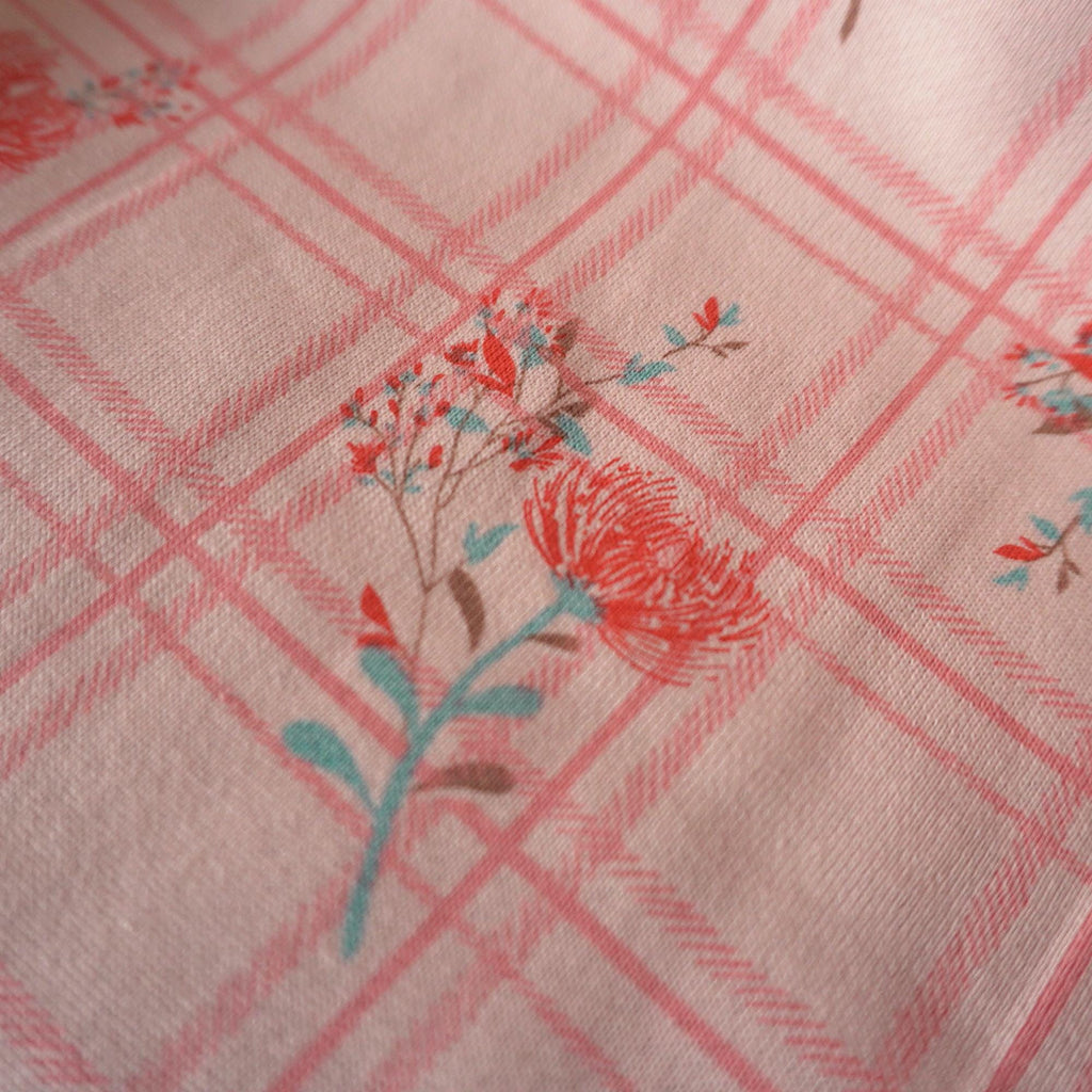 French Terry Fabric - Pink grid with red dandelion