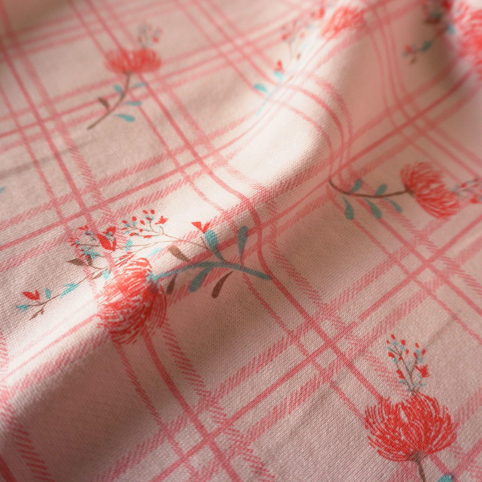 French Terry Fabric - Pink grid with red dandelion