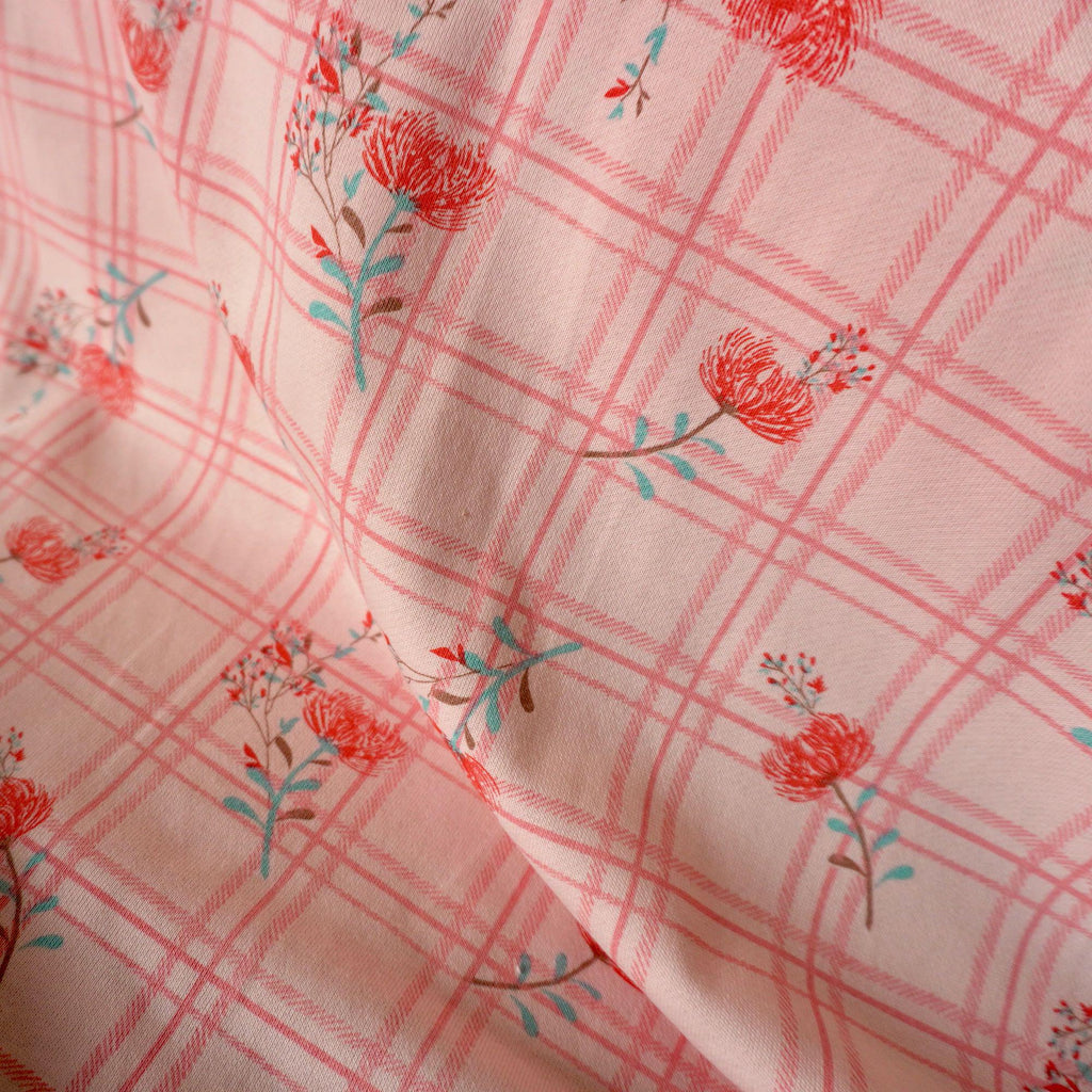 French Terry Fabric - Pink grid with red dandelion