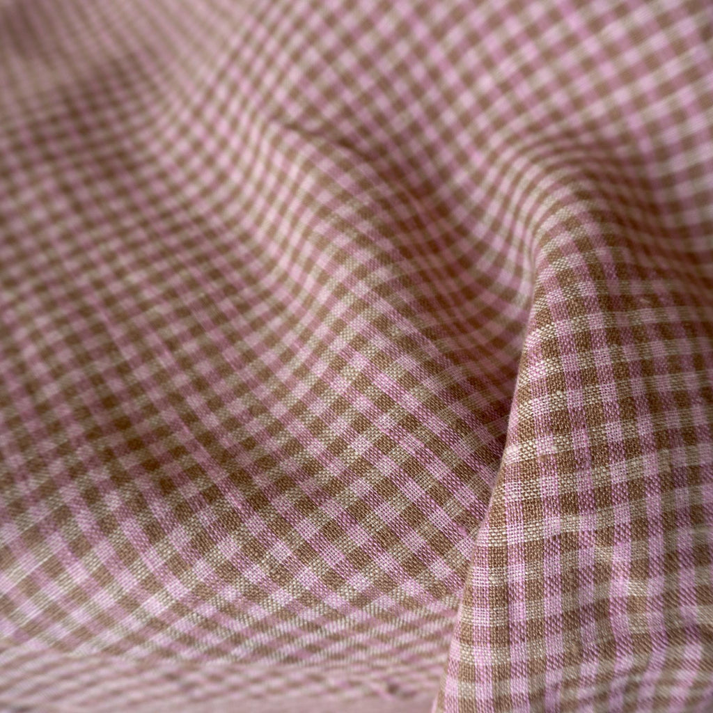 Washed Yarn dyed Linen gingham - pink brown