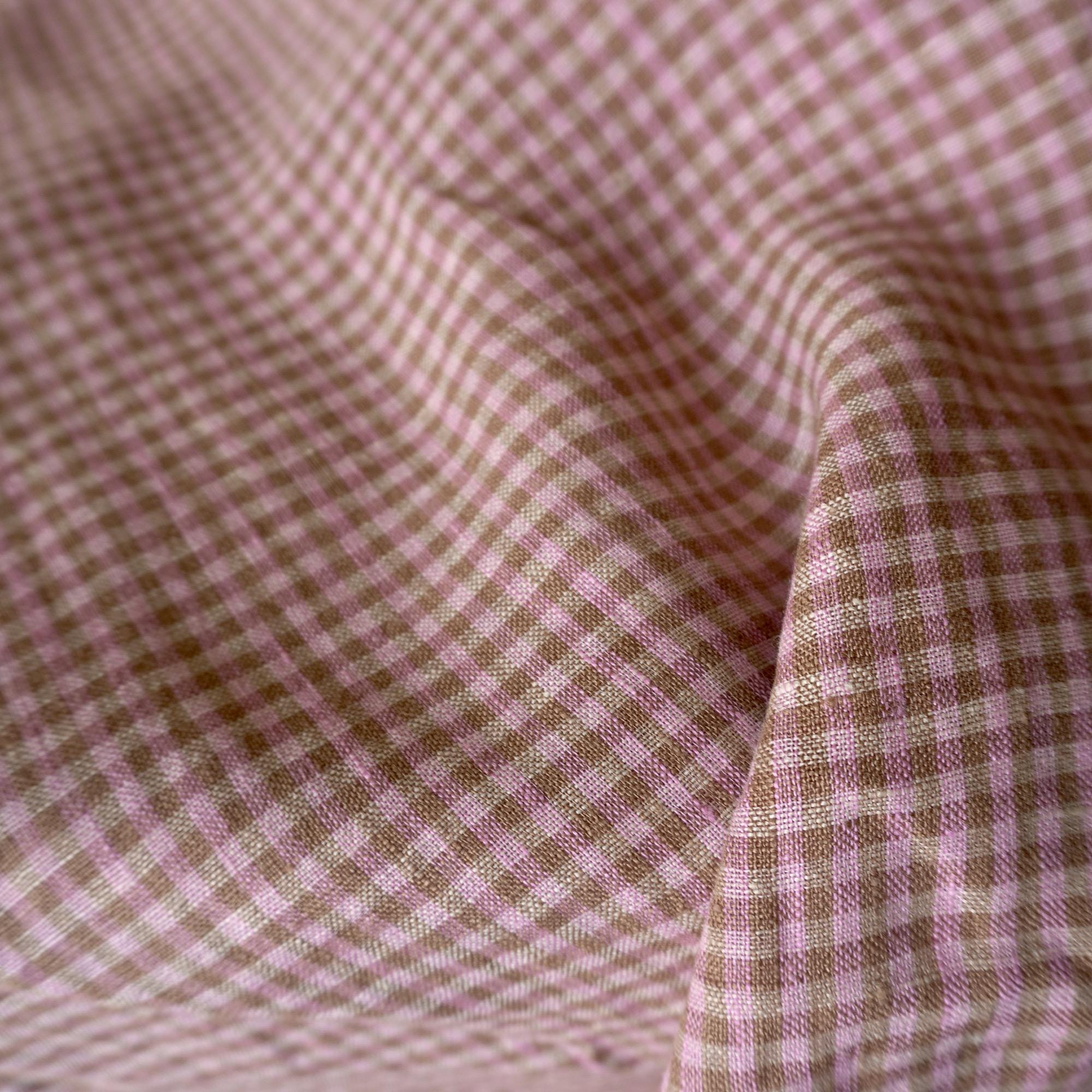Washed Yarn dyed Linen gingham - pink brown