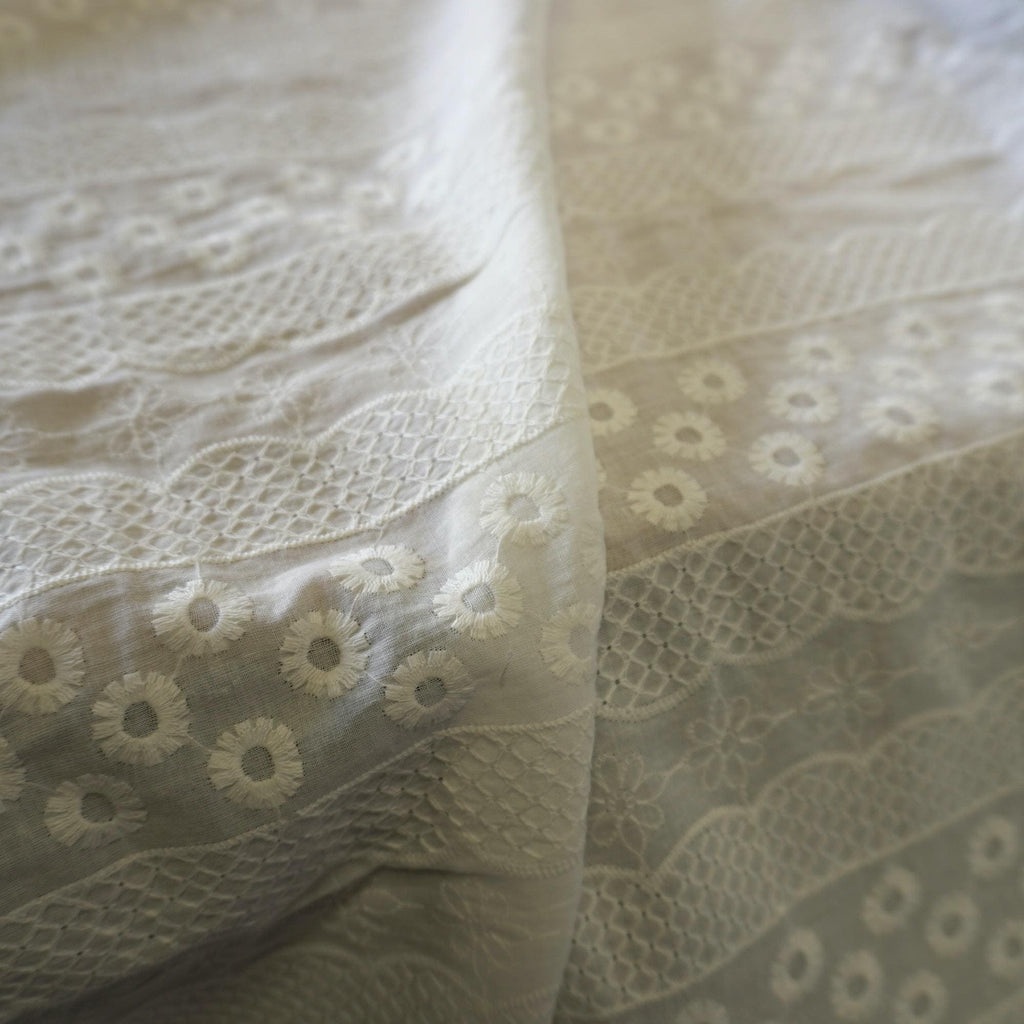 Striped Floral Embroidery Cotton Fabric – Ivory White