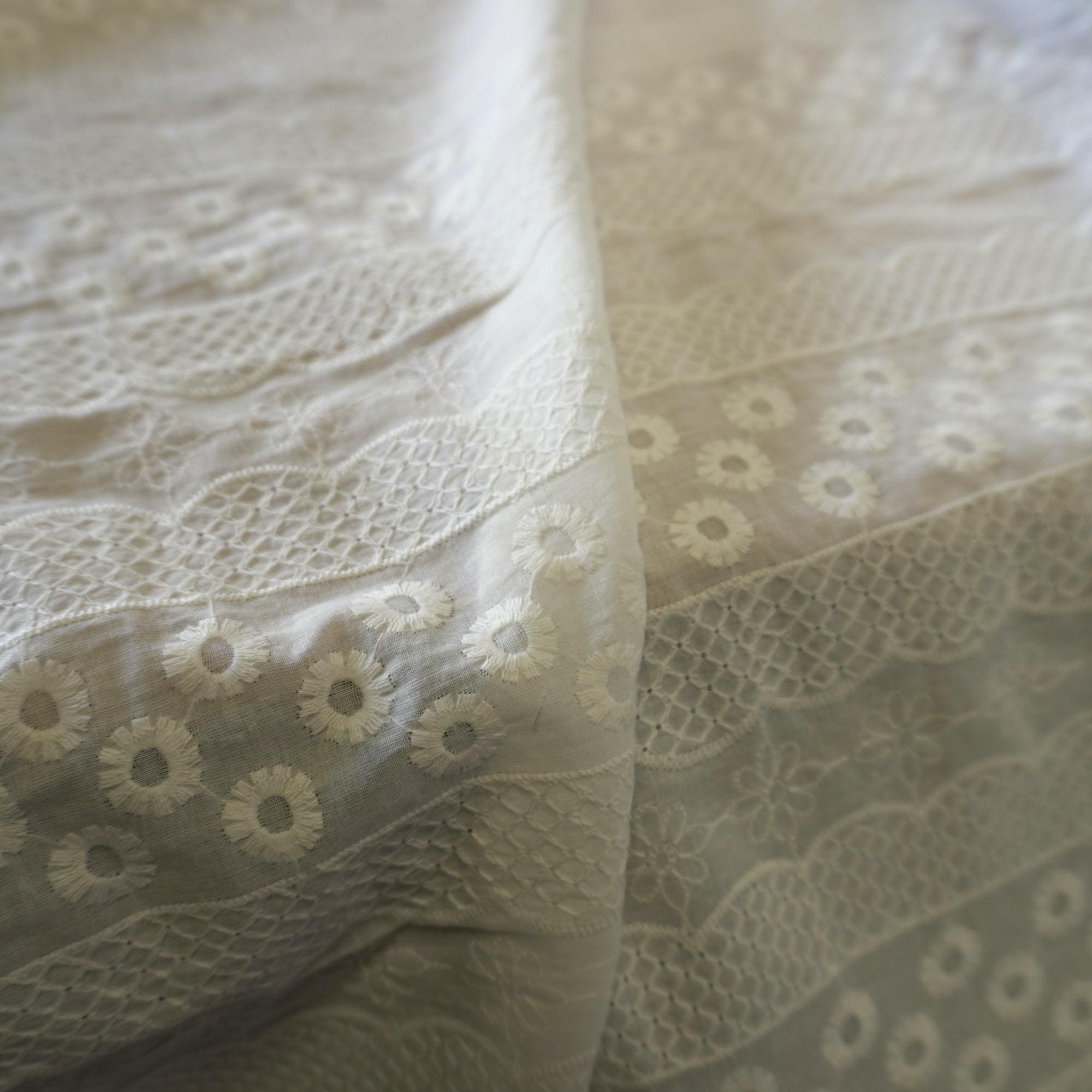 Striped Floral Embroidery Cotton Fabric – Ivory White