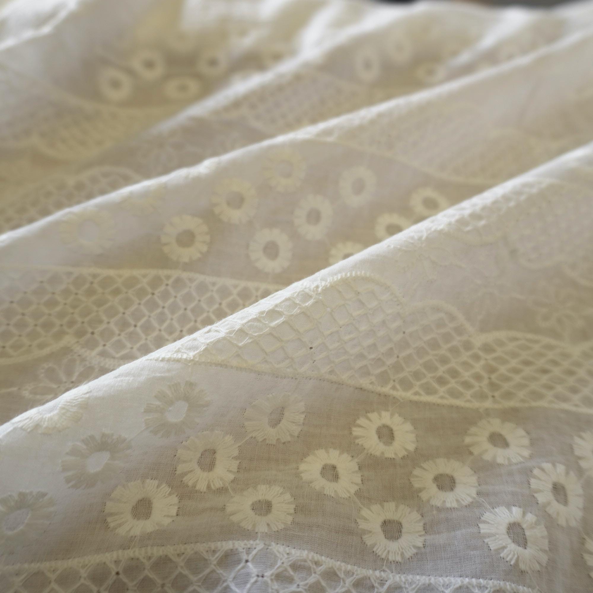Striped Floral Embroidery Cotton Fabric – Ivory White