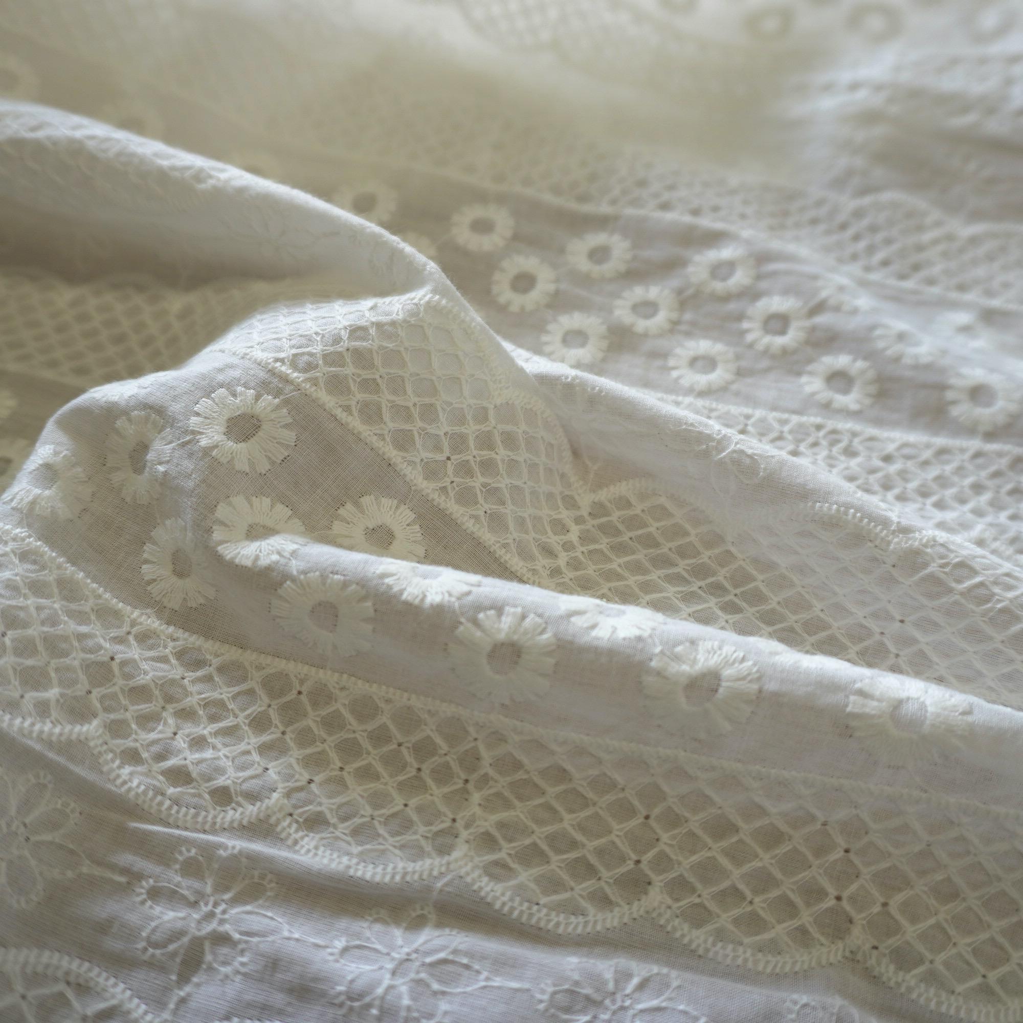 Striped Floral Embroidery Cotton Fabric – Ivory White