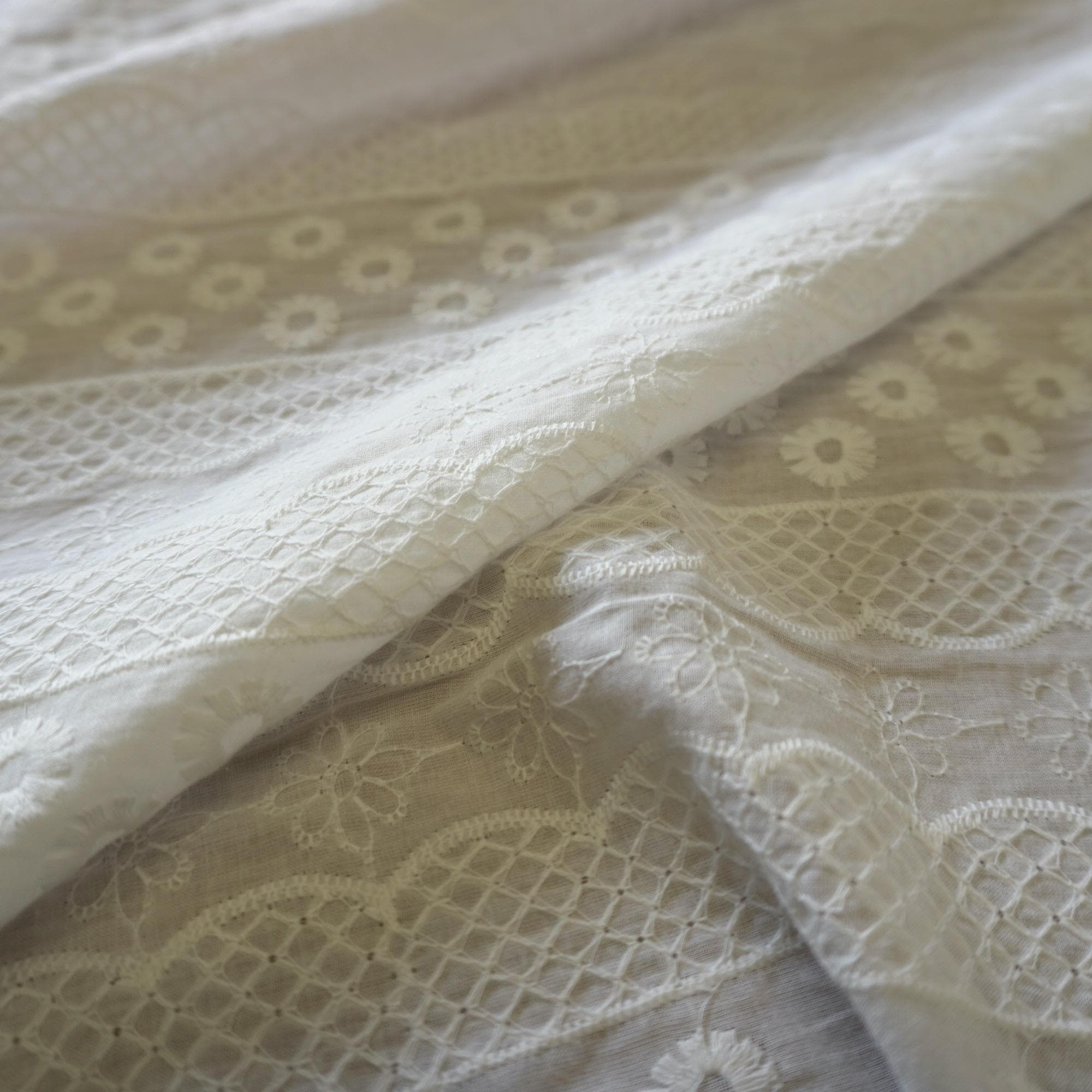 Striped Floral Embroidery Cotton Fabric – Ivory White