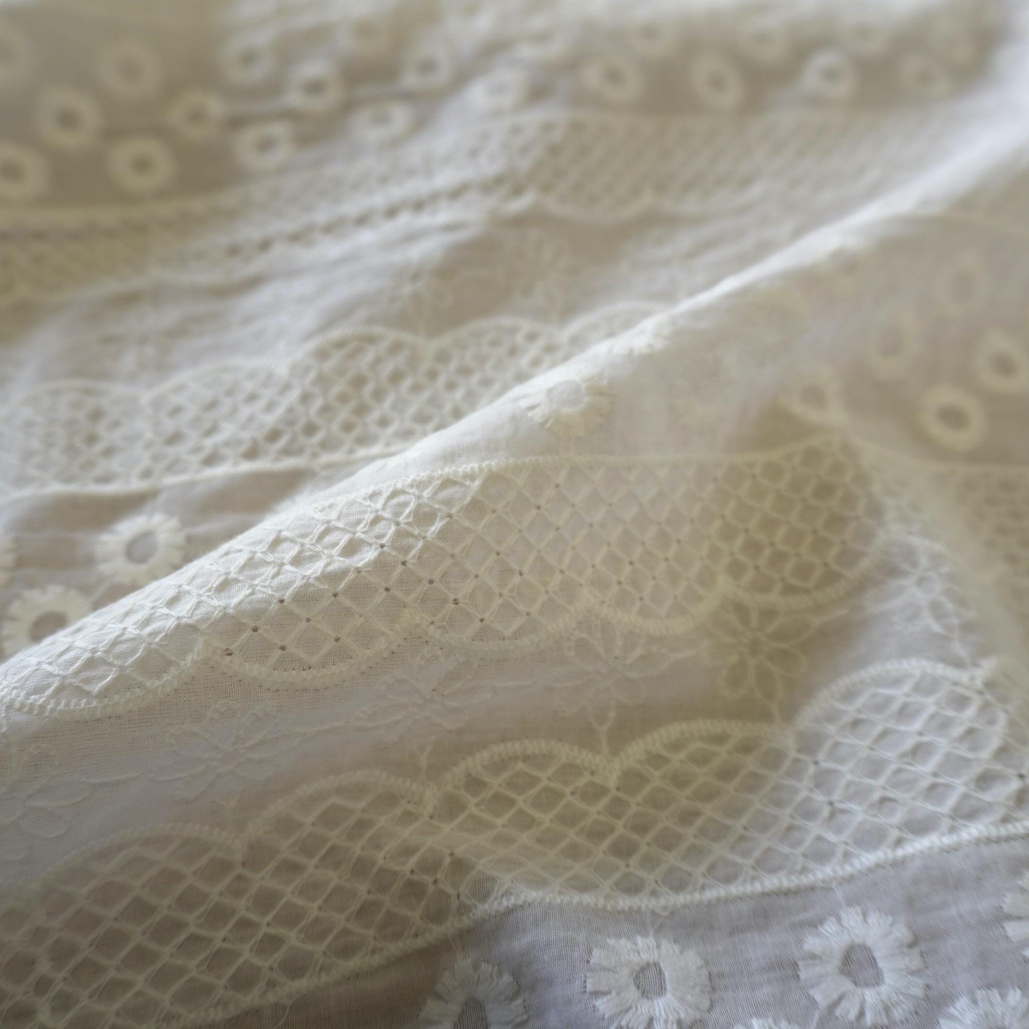 Striped Floral Embroidery Cotton Fabric – Ivory White