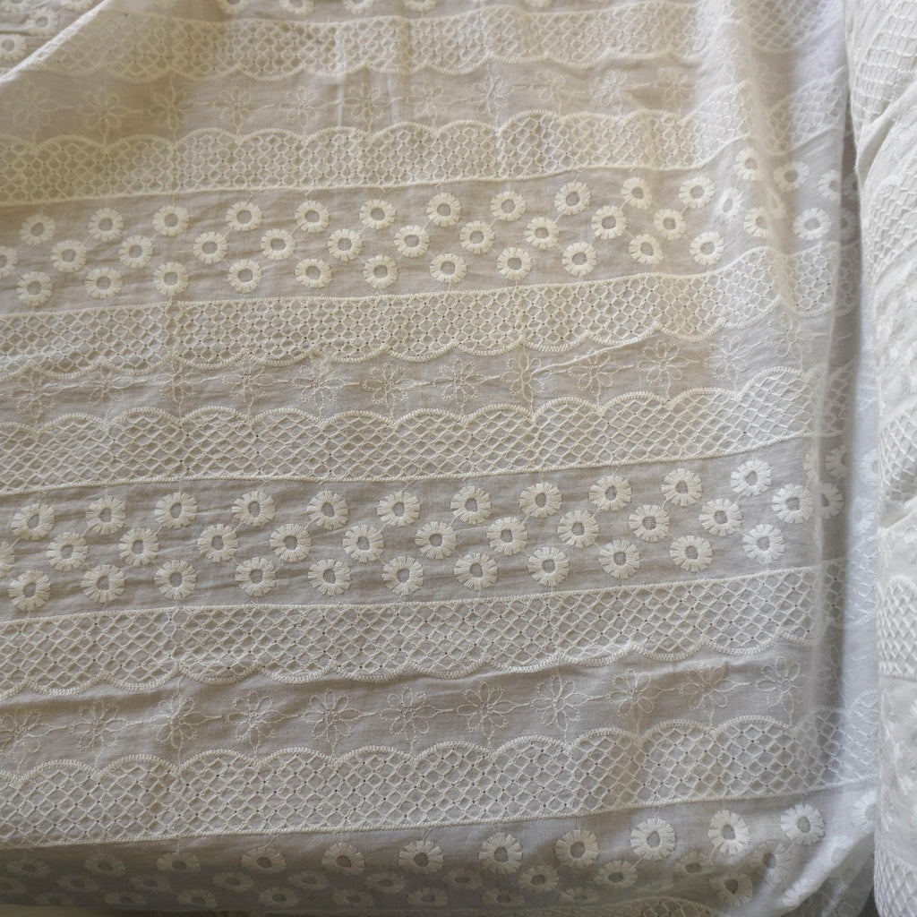 Striped Floral Embroidery Cotton Fabric – Ivory White