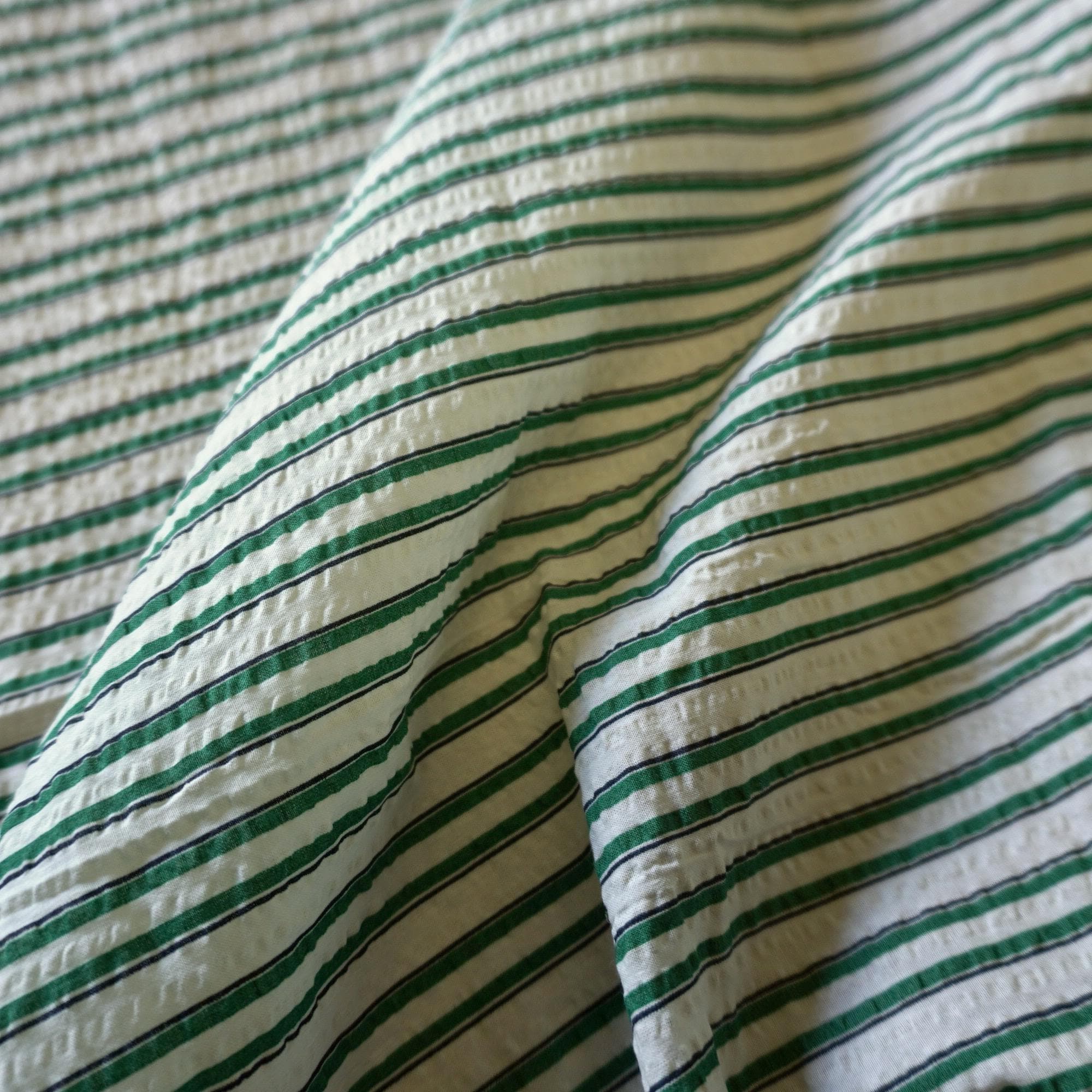 Classic Green Stripe Cotton Seersucker – Lightweight Summer Fabric