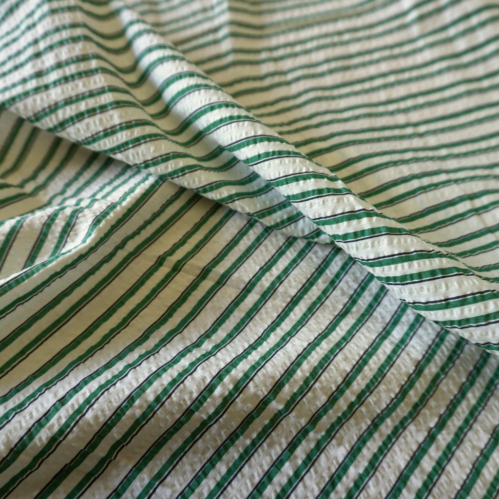 Classic Green Stripe Cotton Seersucker – Lightweight Summer Fabric