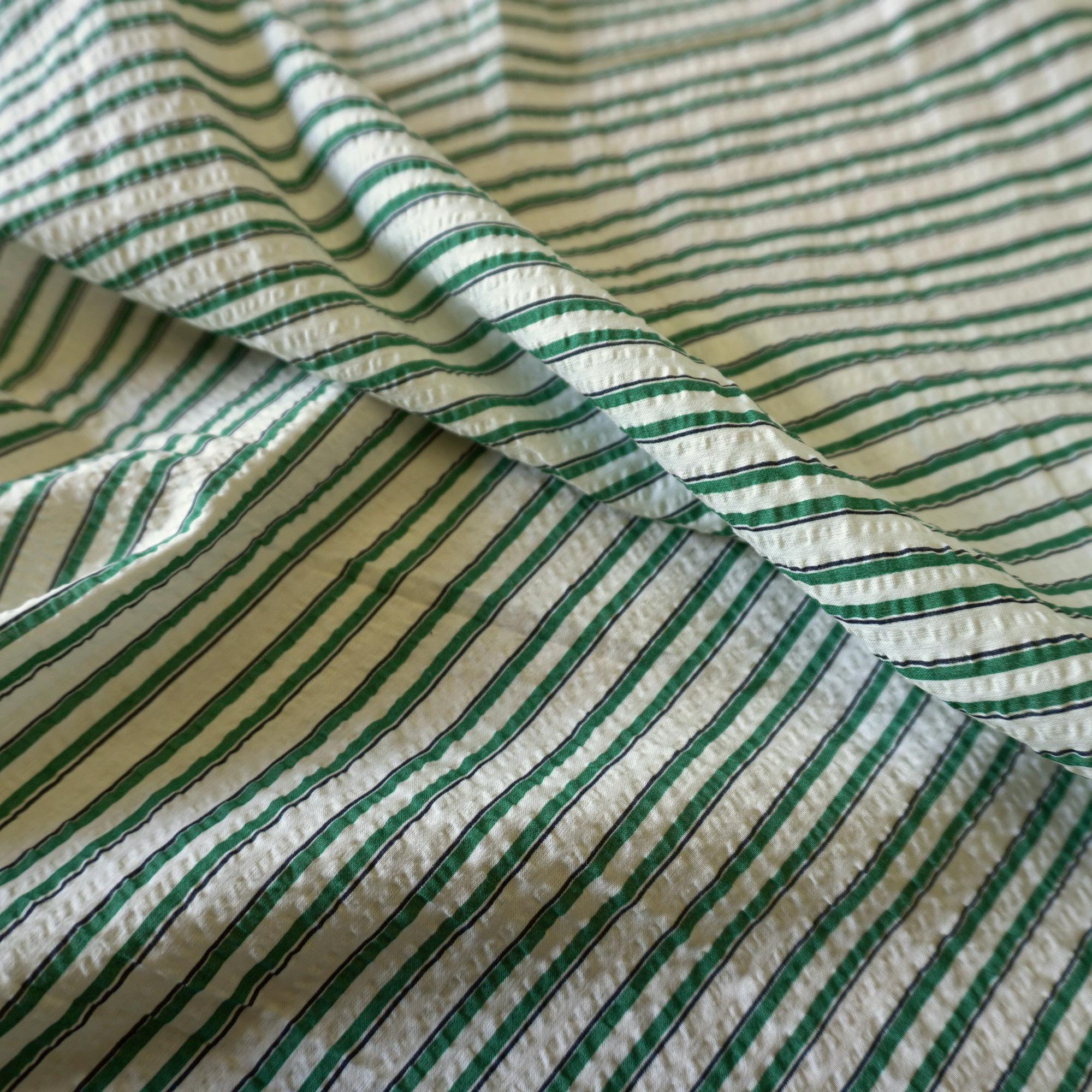 Classic Green Stripe Cotton Seersucker – Lightweight Summer Fabric