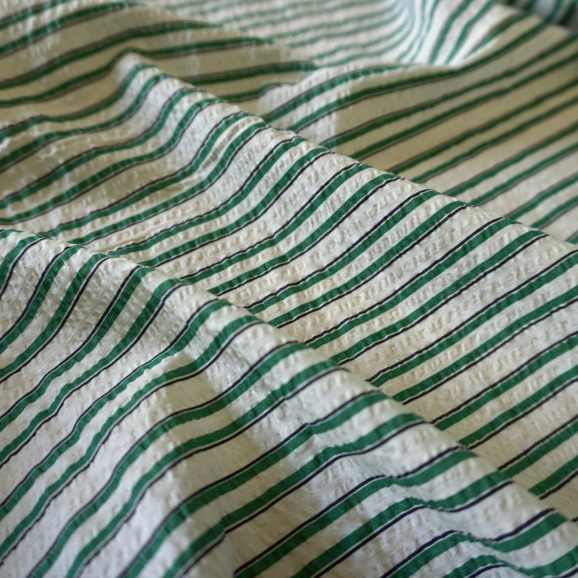 Classic Green Stripe Cotton Seersucker – Lightweight Summer Fabric